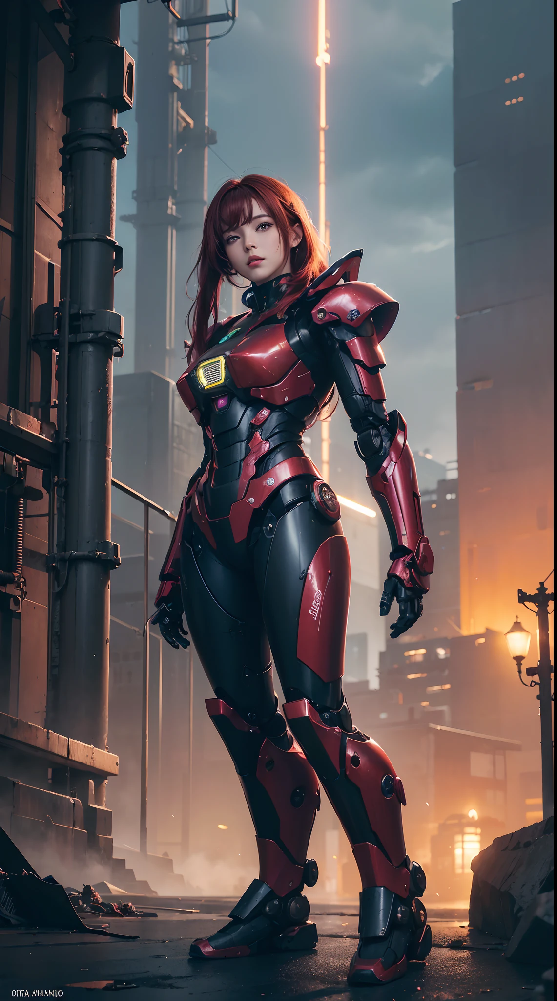 ((Obra maestra, La mejor calidad)), illustration, 8K ultra detallado, realista, Enfoque claro, Altamente detallado, Pro Lighting, Detalles coloridos, Rainbow Color BREAK, Factory Long Rise, large mechanical robot structure, microchip, ordenador, ((resplandecer)), Detalles intrincados, shitu-mecha, 1girl, mecha, Ombligo del vientre, Imagen en color, (cyberpunk), (crimson hair: 1.2)
