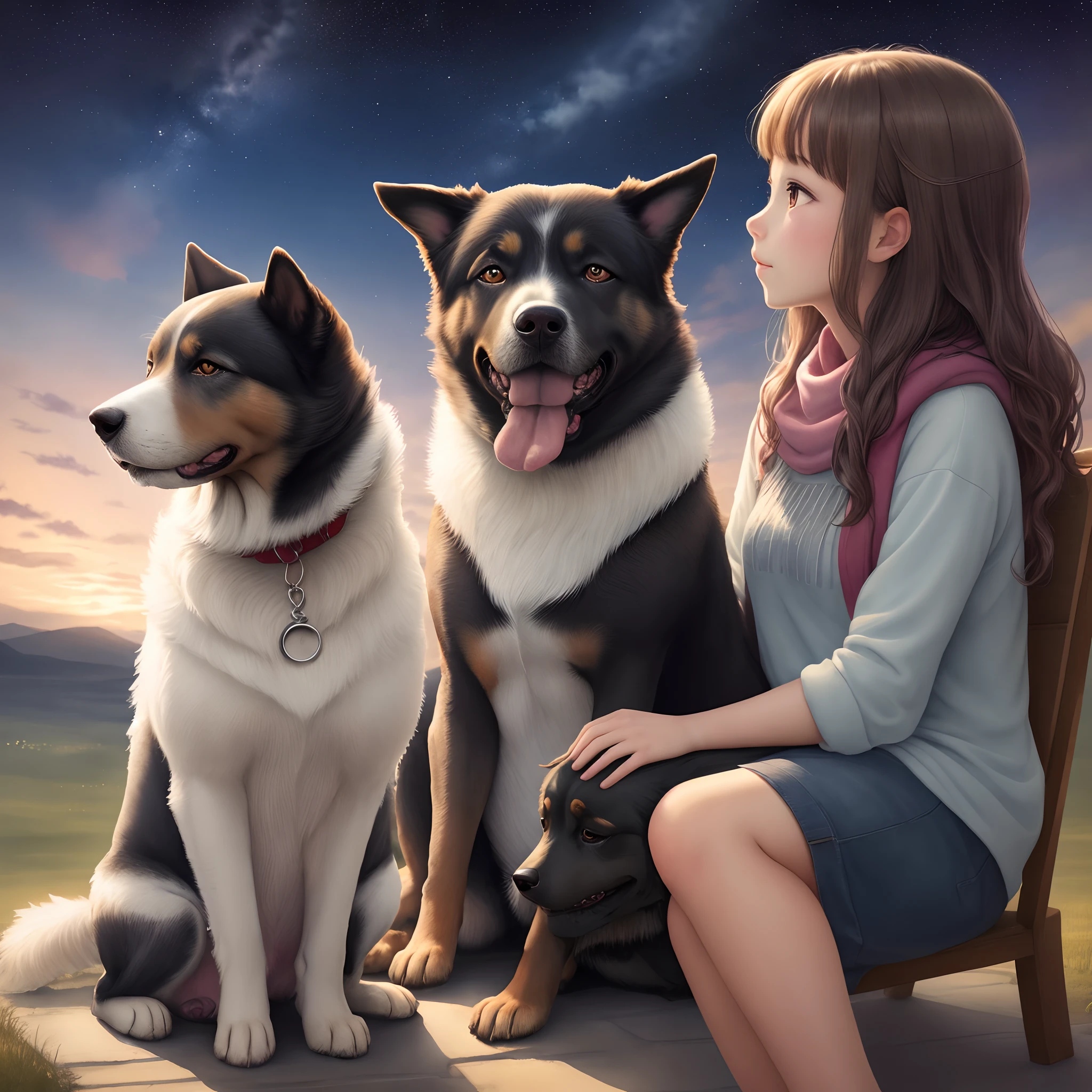 Watercolor a girl gazing sky full of stars , big black sky , A dog sitting beside her , 8k resolution