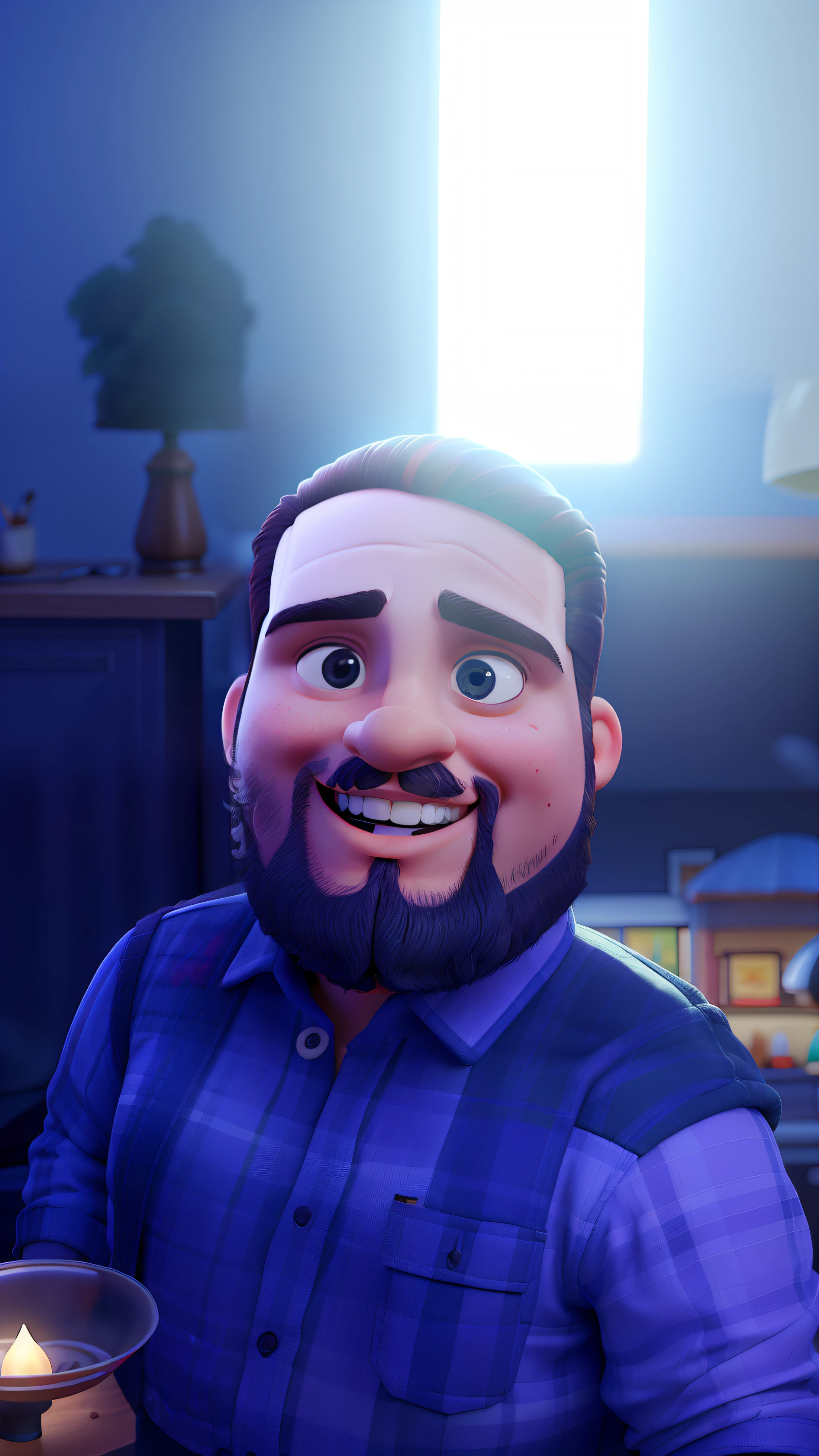 Um gordinho de cabelo cortado em volta de uma cadeira de barbeiroaltura de 1,70, illuminated by the light of a lamp, contra o pano de fundo de uma barbearia