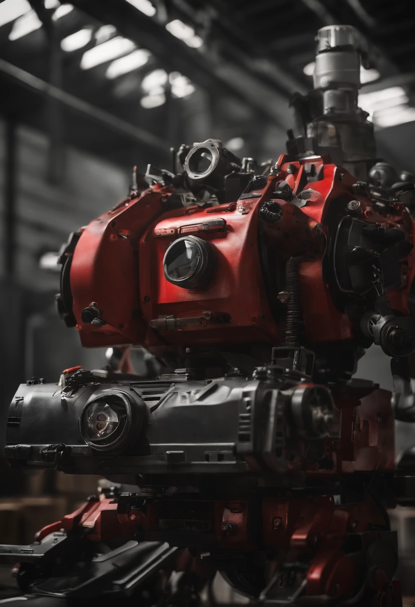 absurd resolution, high resolution, (master part: 1.4), hiper-detalhe, Um mech, armadura preta, large warehouse, olhos abertos, Red glasses, De frente para a lente, fire, body power stove heat, Robotic arm with flames and white smoke in its hands