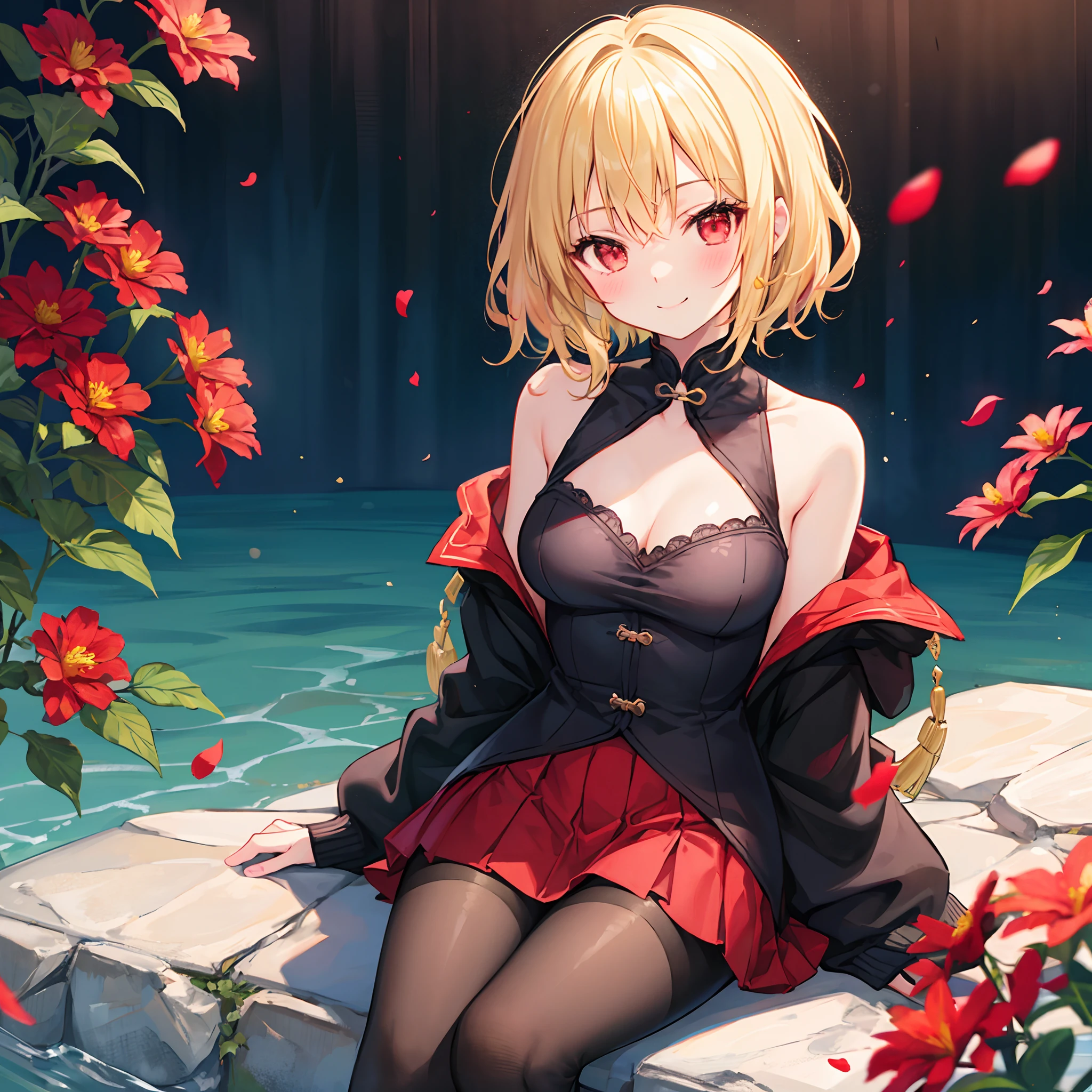 short wavy blonde hair、One girl with red eyes、独奏、Sitting surrounded by flowers、red blush、off shoulders、a miniskirt、Black tights、a smile