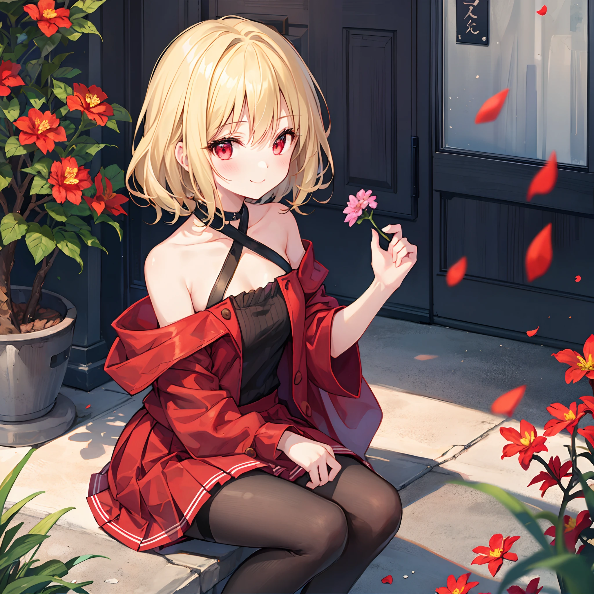 short wavy blonde hair、One girl with red eyes、独奏、Sitting surrounded by flowers、red blush、off shoulders、a miniskirt、Black tights、a smile