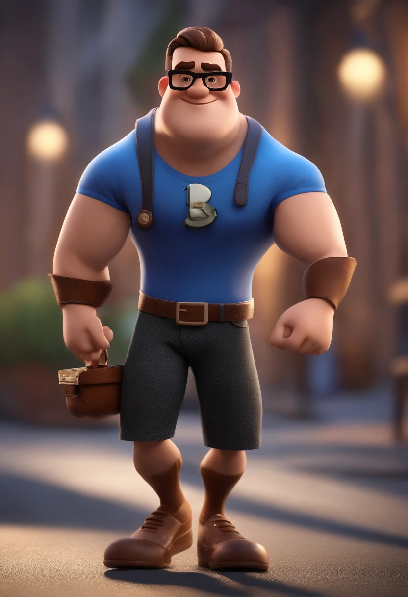 Cartoon character of a man wearing black glasses and a blue shirt, um personagem animado, Caractere estilizado, animation style rendering, 3D estilizado, Arnold Maya render, 3 d render stylized, toon render keyshot, Personagem 3D, Personagem 3D, 3d rendering stylized, 3 d character render, personagem de desenho animado, Personagem de close up, Pose de personagem, (Estilo Pixar) (master part:1.2) (Bokeh) (best quality) (pele detalhada) (textura detalhada) (8k) (argila) (Cinematic lighting) (foco nítido，Senta e vaza a parte superior do corpo