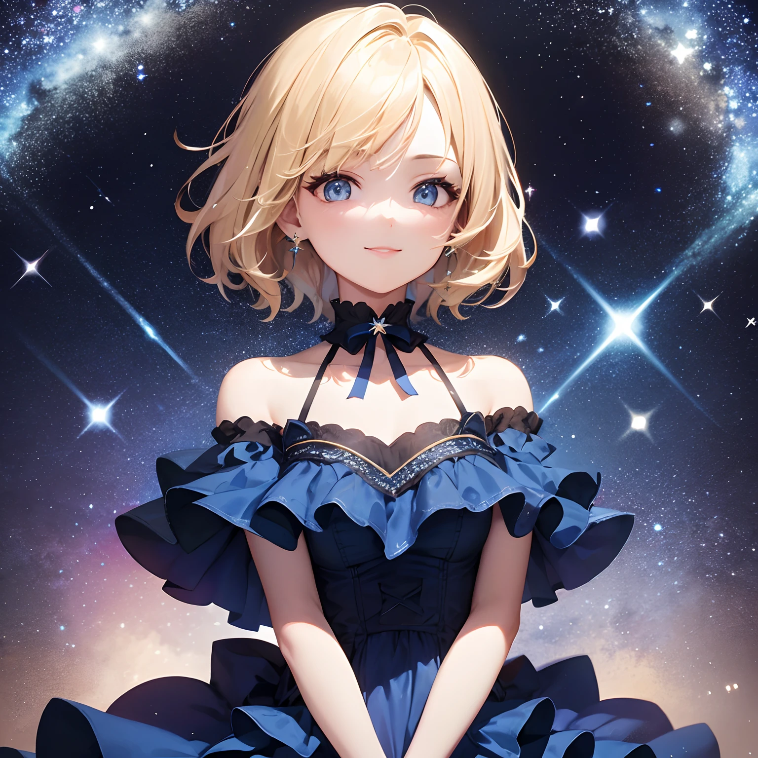 1 women, starry backgrounds, short blonde hair, layered hair, star eyes, blue dress, frills, hands behind back, black choker, smile, up close, 20 years old,