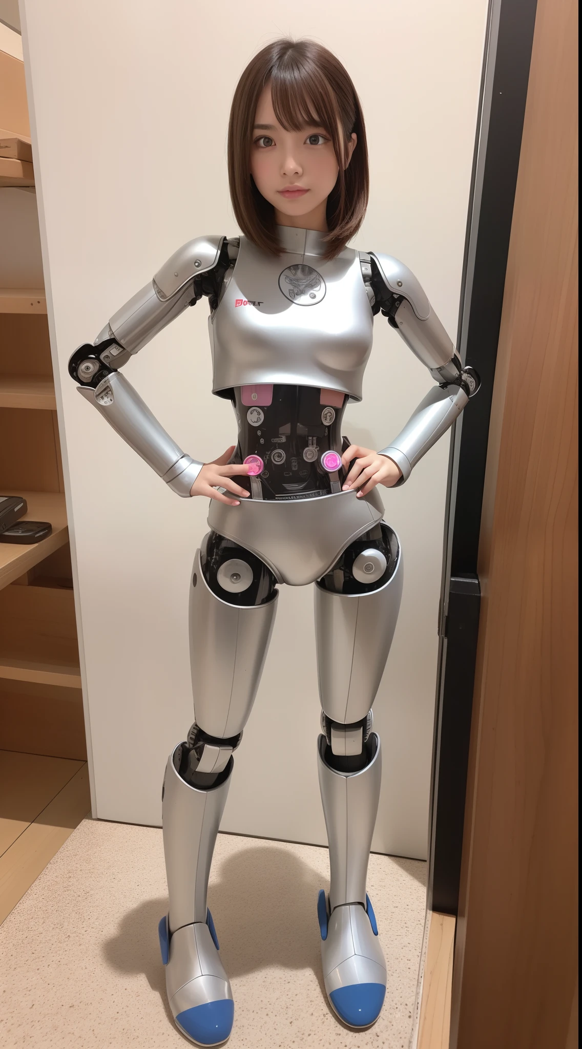 cyborg, Pink, Silver, metallic, Robot Parts, Metal Parts, Super Detailed Face, Super Cropped Face, of the highest quality, a small face, Full body, Standing, Black hair, Thin, Camera gaze, Internal Mechanical Exposure, Idol, Live action,, 9 head body, gravure, Photo session, Akihabara, Moe Pose, Frontal, Model body type, sad, Embarrassing,(Perfect Robot Girl),(Perfect machine body)
