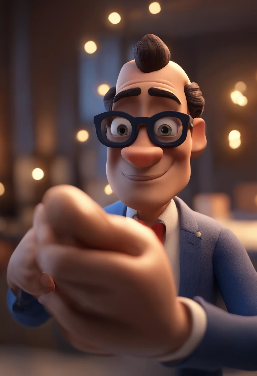 Cartoon character of a man wearing black glasses and a blue shirt, um personagem animado, Caractere estilizado, animation style rendering, 3D estilizado, Arnold Maya render, 3 d render stylized, toon render keyshot, Personagem 3D, Personagem 3D, 3d rendering stylized, 3 d character render, personagem de desenho animado, Personagem de close up, Pose de personagem, (Estilo Pixar) (master part:1.2) (Bokeh) (best quality) (pele detalhada) (textura detalhada) (8k) (argila) (Cinematic lighting) (foco nítido,Senta e vaza a parte superior do corpo