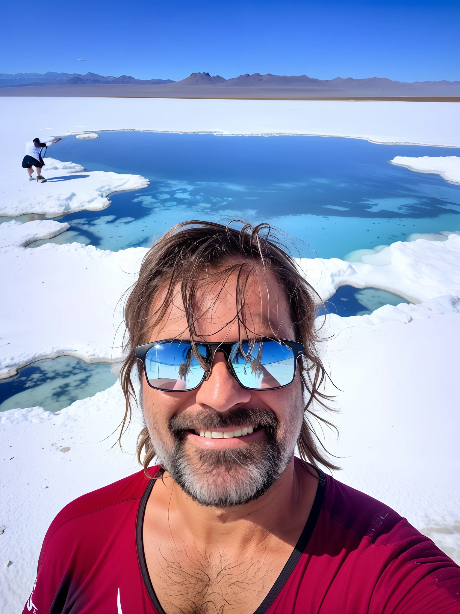 Man in sunglasses while taking a selfie in the middle of the desert, Last selfie on Earth, The last selfie on Earth, Fotografia selfie 8k, em um rio gelado, retrato do homem feito do gelo, stands in a pool of water, No Salar de Uyuni, na empresa salar de uyuni, selfie de um homem