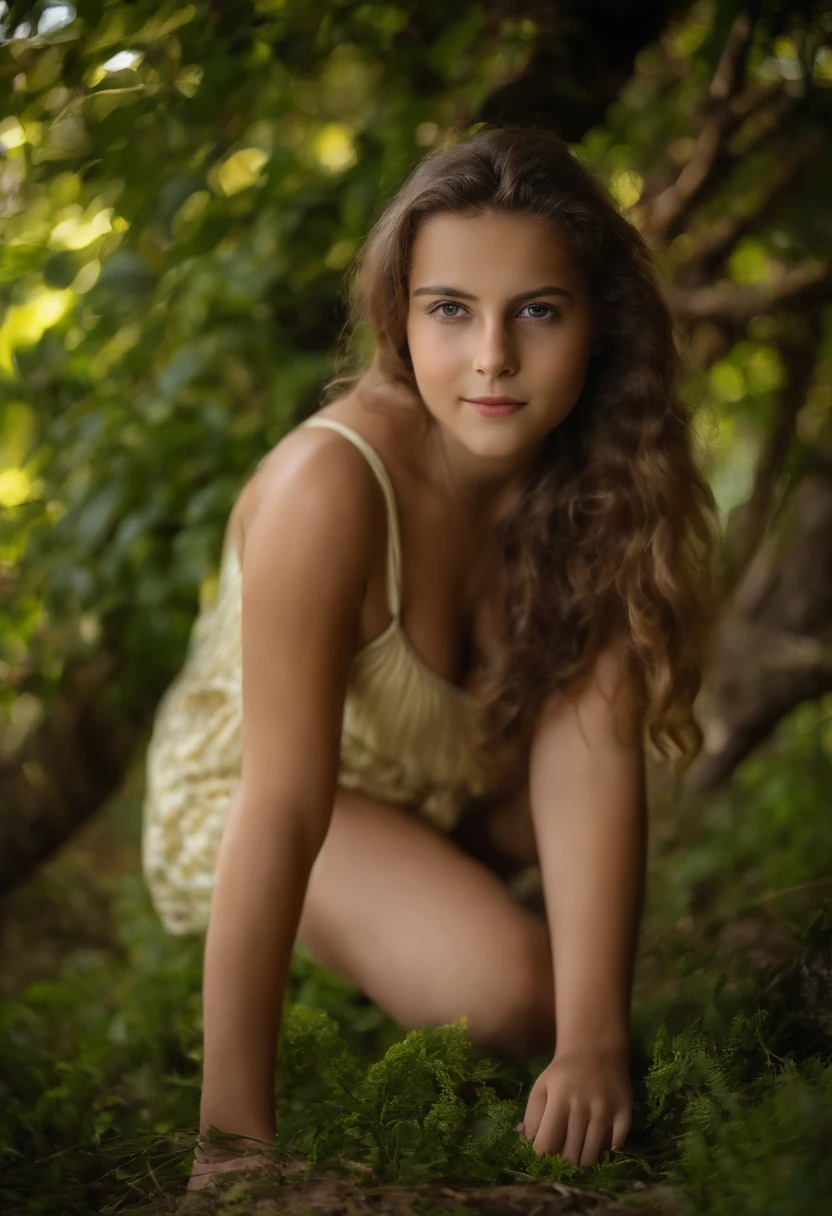 Emma Watson dressed in purple posing in a forest with a green scarf,