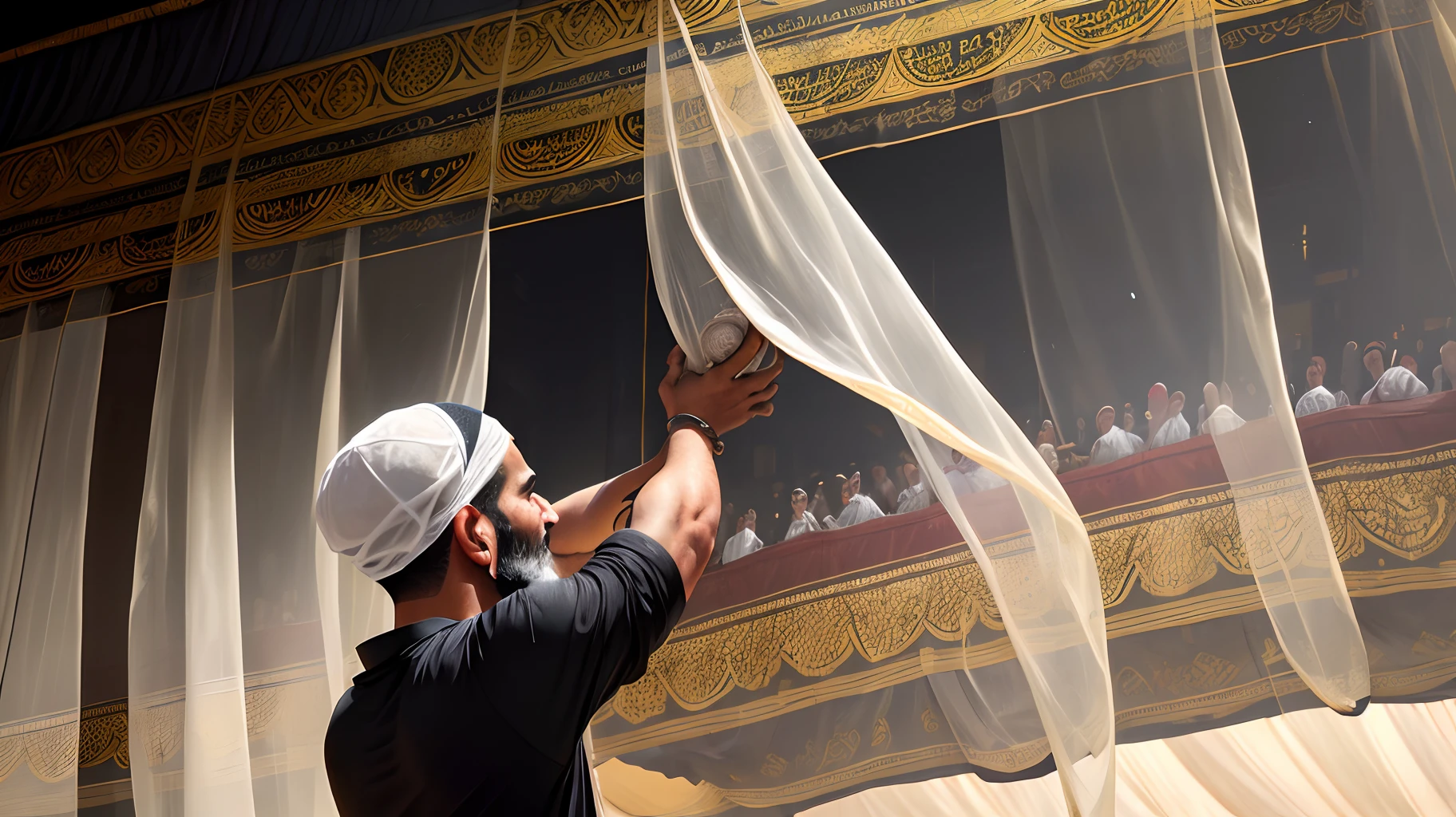 A man clings to the Kaaba's mosquito net