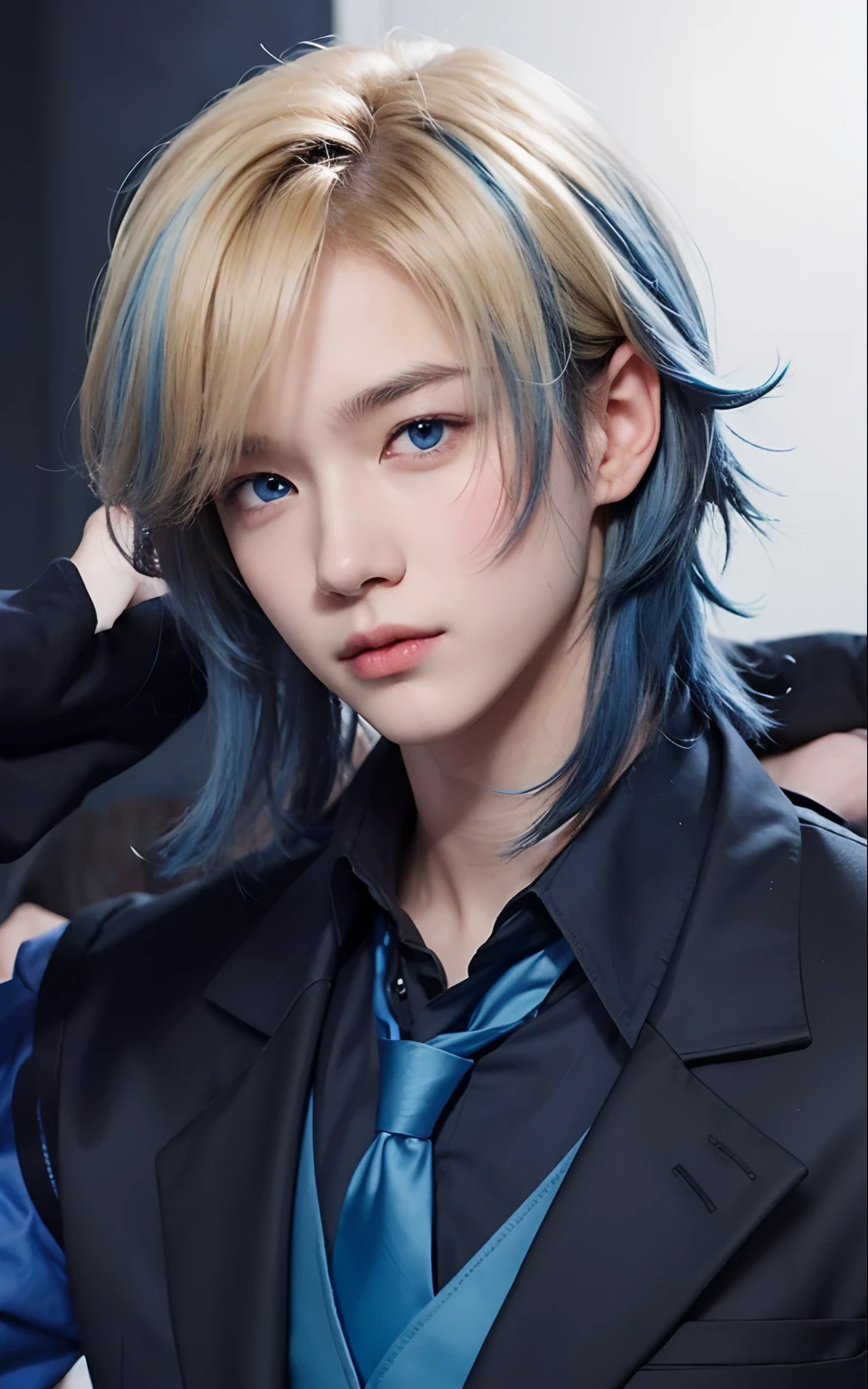 A  boy with realistic blonde and blue hair, exactly the same hairstyle,Realistic bright blue eyes, realistic Korean handsome face,Realistic cool expressions, exact same expressions,Adapt the exact same clothes, realistic black suit, realistic blue shirt, realistic blue vest, realistic blue tie,Realistic light, realistic shadows, realistic background