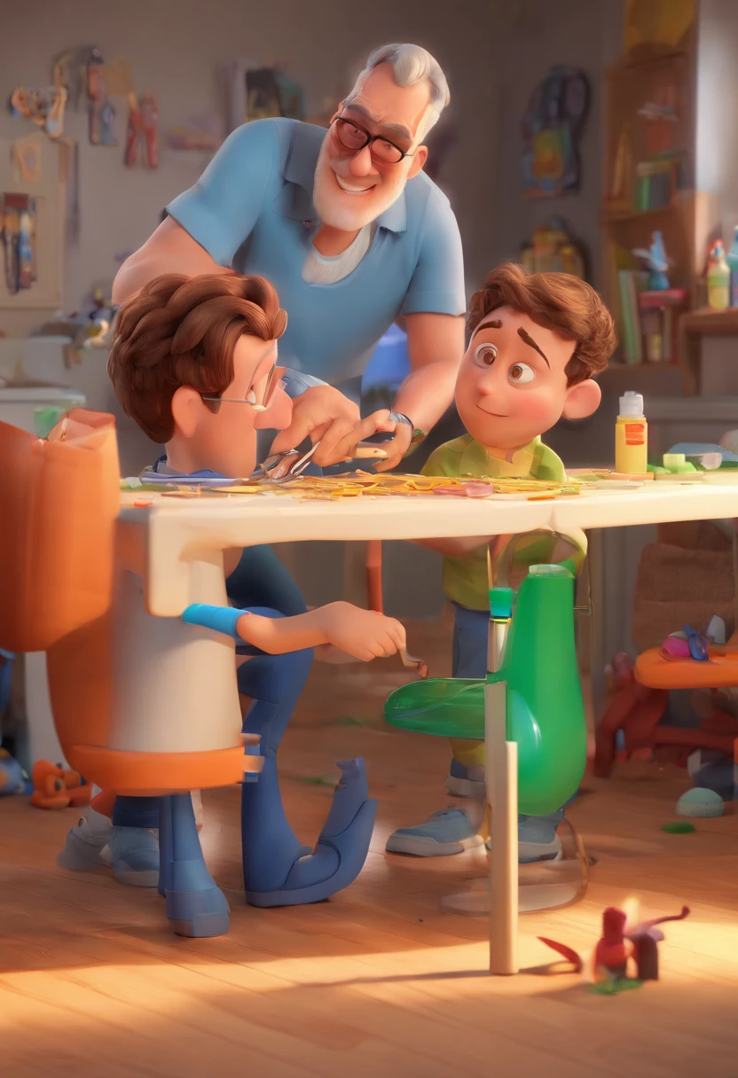 Estilo Pixar: The grown man is holding a naked blue-eyed boy and in his other hand he is holding a pair of scissors and is trying to cut off the boy's testicles,3D Poster,Disney