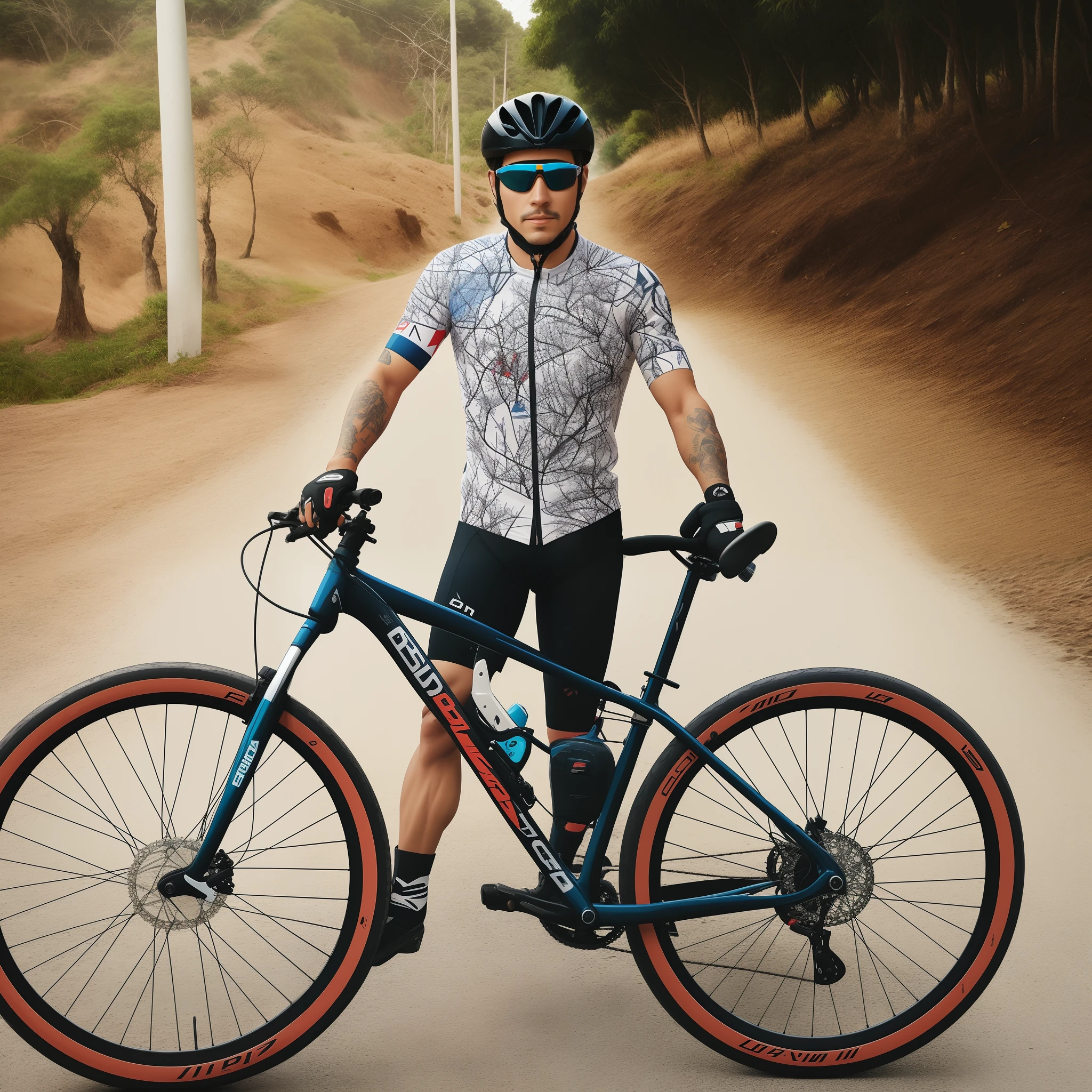Homem de Arafed parado ao lado de uma bicicleta em uma estrada de terra, ciclismo!!, zigor samaniego, Alma piedosa, Estilo Zigor Samaniego, imagem de perfil, Directed by: David Ruby, retrato!!, against the backdrop of trees, foto do perfil, motociclista, andres rios, retrato!!!, foto de perfil, diego fernandez, Directed by: Alexander Brook, Disney pixar-style album photo