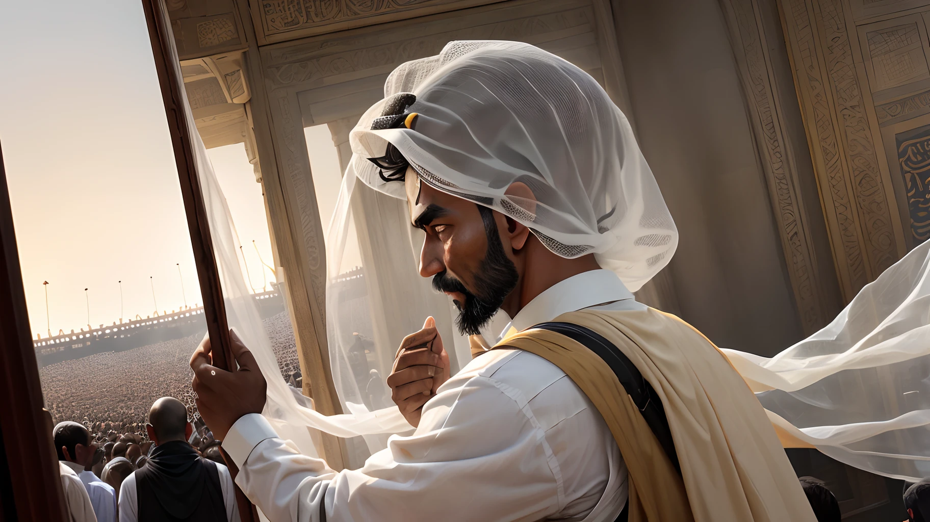 A man clings to the Kaaba's mosquito net