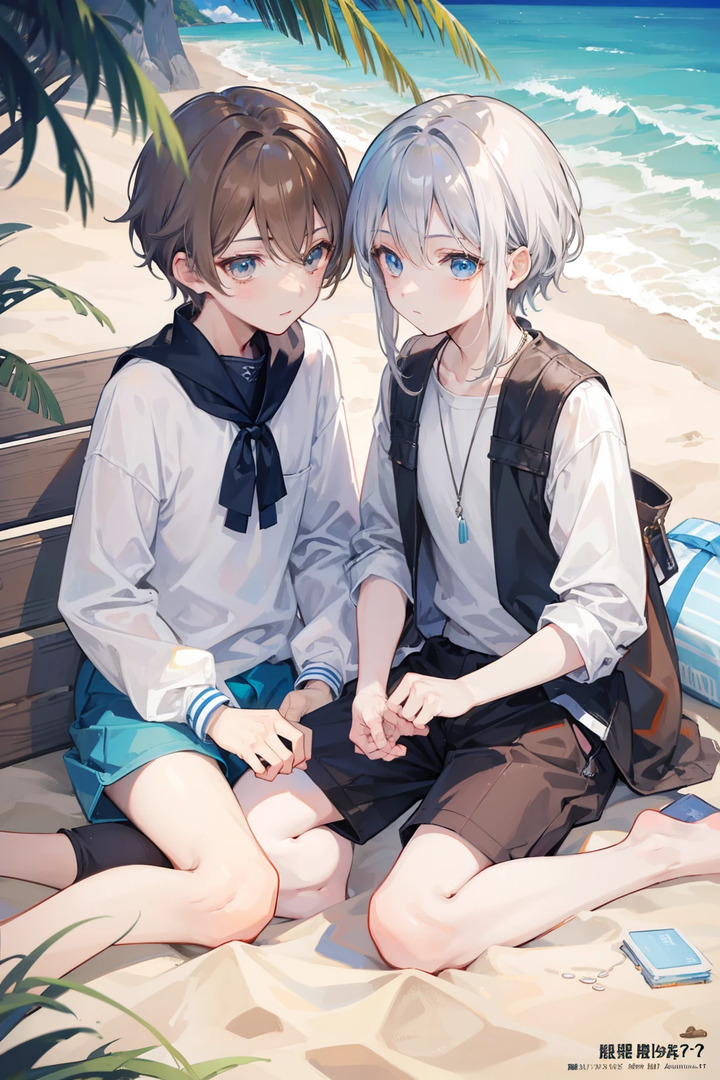 Two Boys, Silver-haired boy and brown-haired boy,Beach、sand beach、Boys Love、Talking、hight resolution、ultra-detailliert