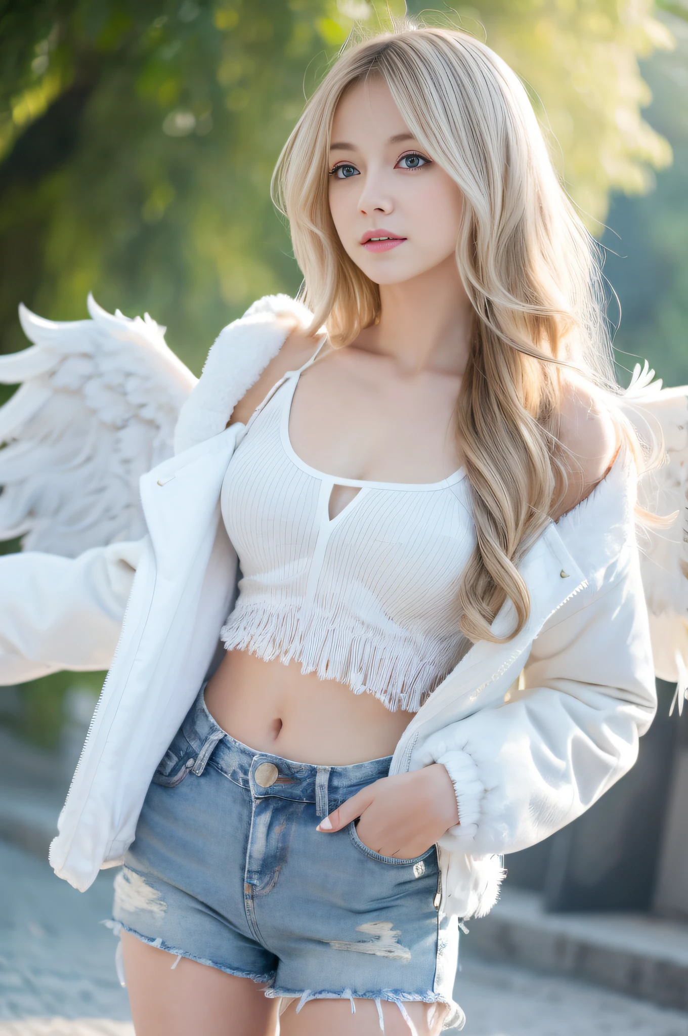 1girl, medium breasts, blonde hair, long hair, wavy hair, grey eyes, white feathered wings, angel, outdoors, white jacket, choker, tank top, jeans