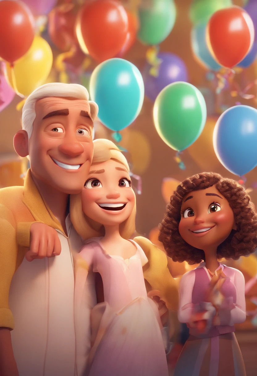 An illustration of an adorable couple, Spotlight on a smiling bald mulatto man and a white woman with beautiful expressive eyes - the man's skin is mulatto , while the woman's skin is white and the woman's hair is curly red They are a bright room, cada um com um sorriso no rosto, e compartilhar um momento especial caracterizado pelo amor, Insights. Illustrate this scene from a perspective where they are facing the camera, Smiling and Showing Your Connection. Desenvolva esta arte em Full HD, Focus on your cinematic touch, Estilo Disney Pixar Animations