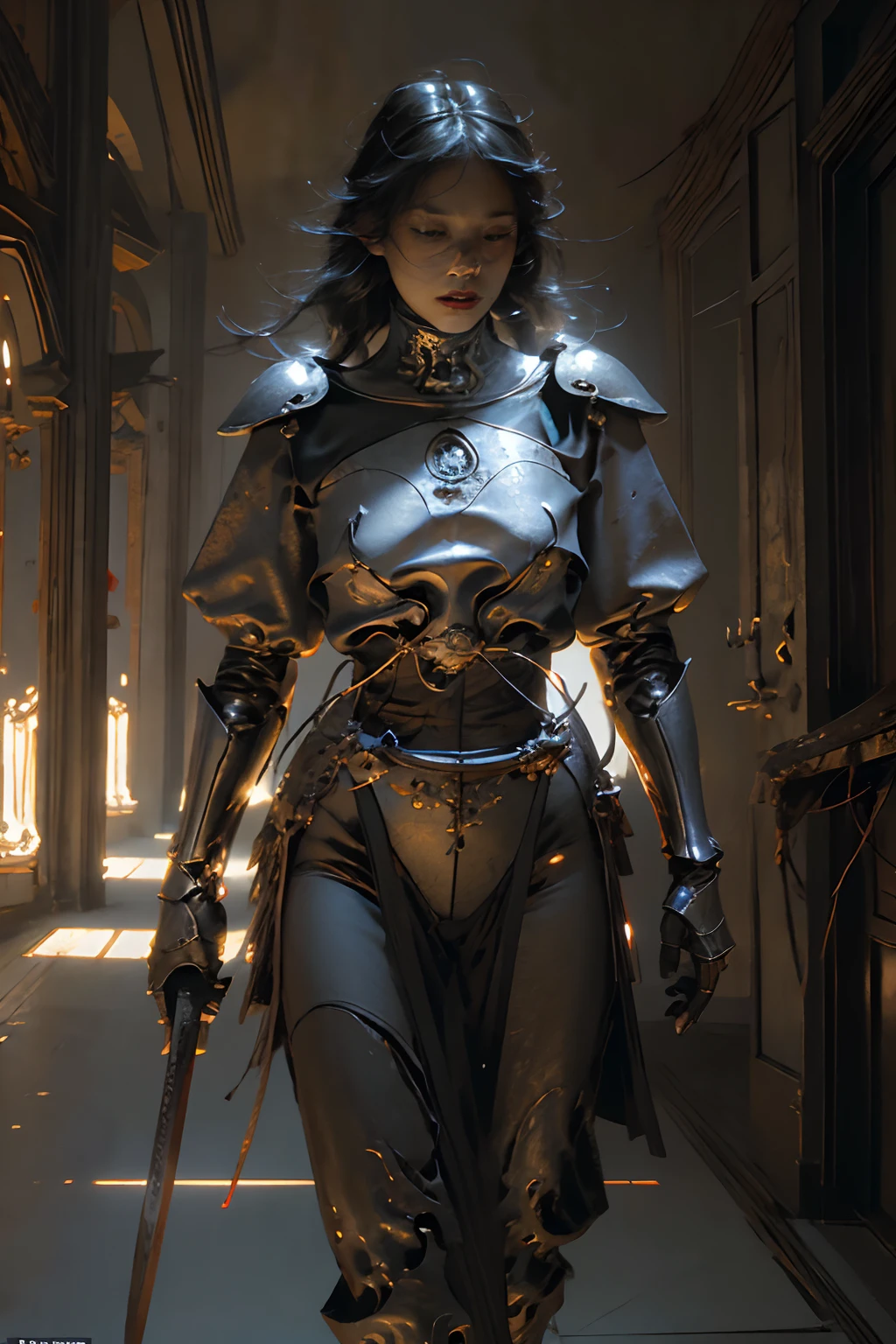NSFW , Real estate photography style, (digital artwork by Beksinski) a sexy female knight the most beautiful girl in the world, in skeletal armour plate ,walking across the battlefield, stepping over fallen comrades, barely drags a heavy bloody sword behind him, Professional, inviting, well-lit, high-resolution, property-focused, commercial, highly detailed
