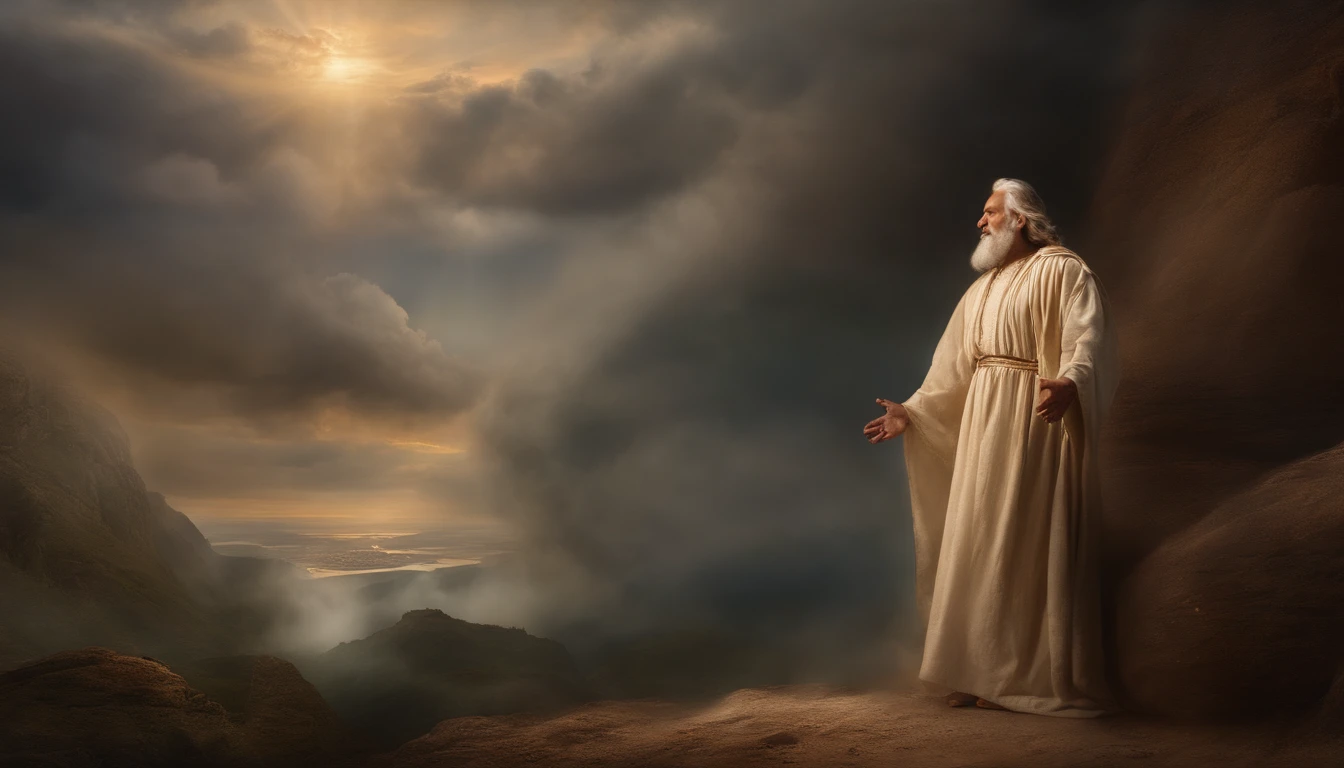God's Vision in the Book of Ezekiel in the Bible, The image of the god of heaven,Old gown,,History reference,High-quality artwork and details,Realistic portrait style,subtle color palette,vibrant background,Natural textures,Deep Shadows,subtle highlights,Historical accuracy,Attention to detail,Emotional depth and strength,authentic expression,Thought-provoking,Spiritual atmosphere,Ancient sense of wisdom,Deep impact