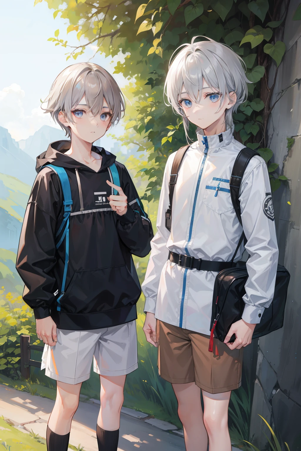 Two Boys, Silver-haired boy and brown-haired boy,mont、hiking、Boys Love、Talking、hight resolution、ultra-detailliert