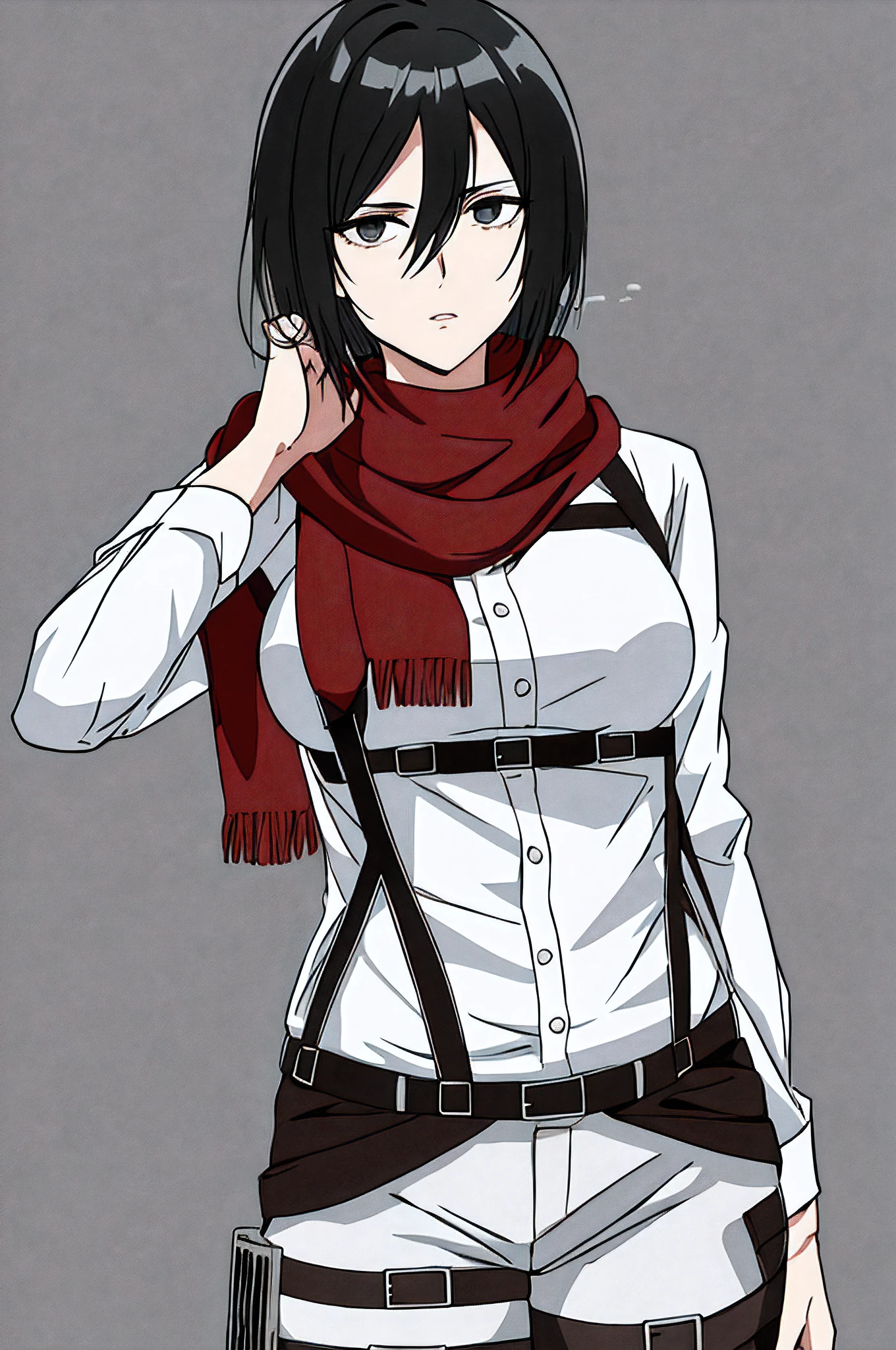 (naked:1.3), aot style, shingeki no kyojin, mikasa ackerman, 1woman, mature, arm strap, bangs, black hair, black pants, breasts, cowboy shot, embers, black eyes, grey background, hair between eyes, harness, long sleeves, looking at viewer, big breasts, pants, red scarf, scarf, shirt, short hair, smoke, solo, thigh strap, brown jacket, white shirt, survey corps \(emblem\) , ((masterpiece)), best quality, indoors,  inn