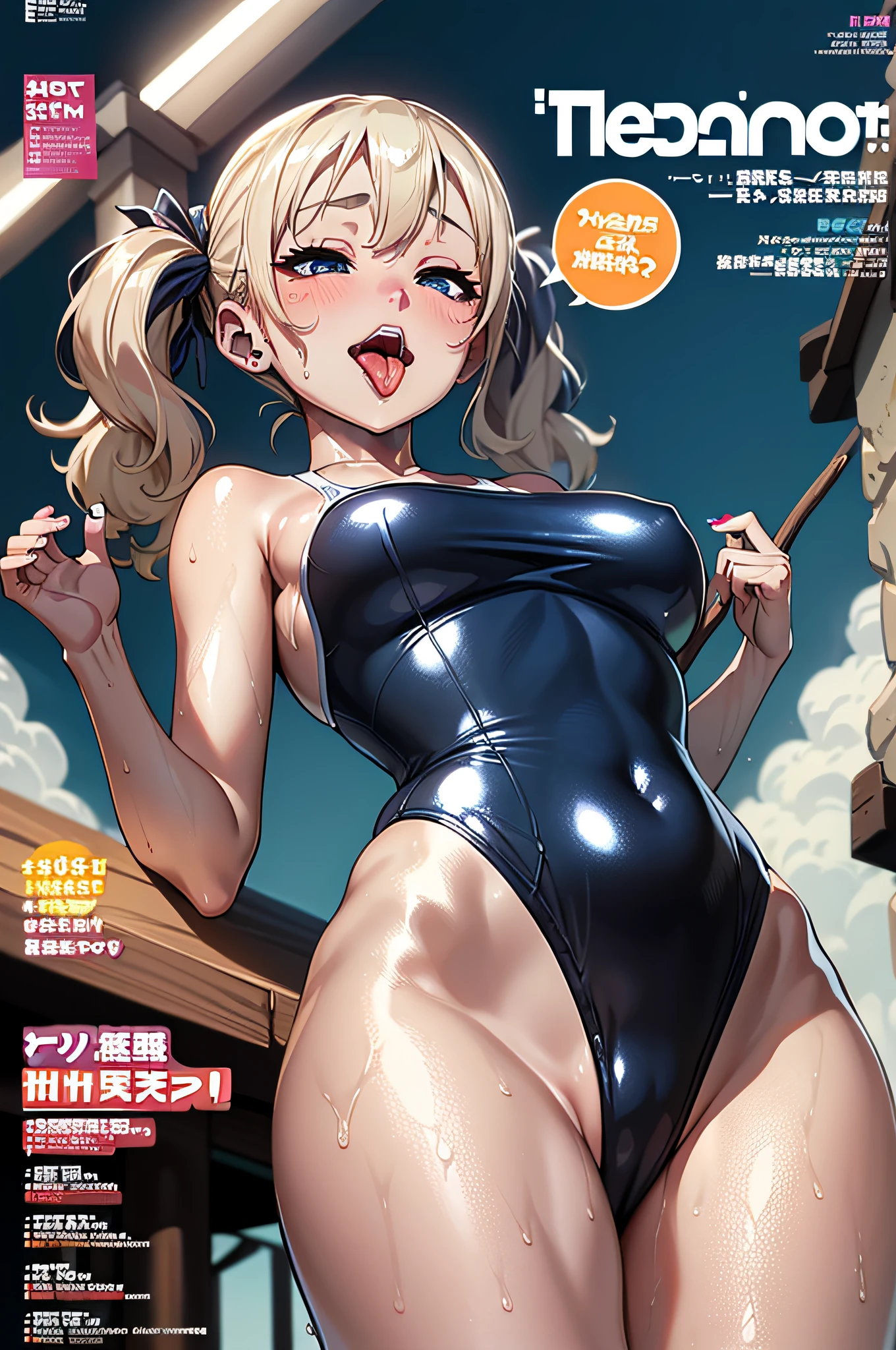 (Magazine Cover:1.8)、((From below))、Open legs、 pretty 1girl, top-quality、The ultra -The high-definition、hight resolution、extremely details CG、8K Unit Wallpapers、20yr old、Beautiful detailed eyes,Platinum Blonde Hair、(((Marie Rose)))、(((Navy blue school swimsuit、School swim wear、Dark blue one-piece swimsuit、)))、(Shiny body,:1.5)、 be shy、(Ahegao:1.5)、(Stick out your tongue)、full of shyness、