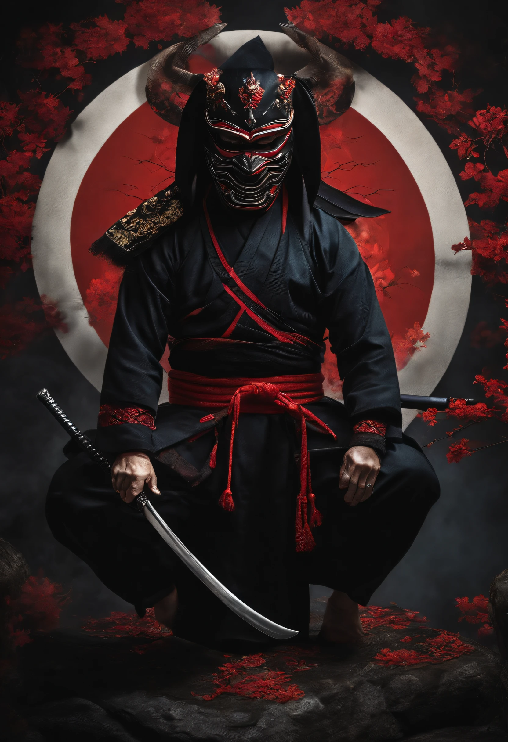 a ninja with a Japanese oni mask, com uma roupa preta, menacingly