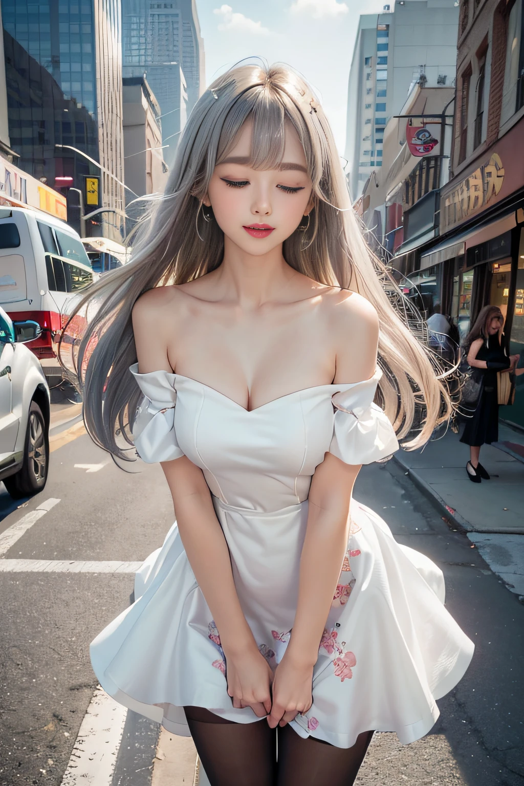 ((Little girl standing on the sidewalk of an office district in New York)）, Silver hair, Bangs, Blunt bangs, Long straight hair, aqua eyes, longeyelashes, Solid Circle Eyes, makeup, Open mouth, blush, Parted lips, Bright pupils, smiley, Seductive smile, glint, surrealism, Modern、Black pantyhose、high-heels、（(Pure white dress、Floral dress、、off shoulders、: 1.6)）、Skyscrapers are hazy in the windows、mix４、((Skirt soars in the wind)),((Eyes closed))、((yawning being)),((T-back panties are visible))、((Full body angle))、、