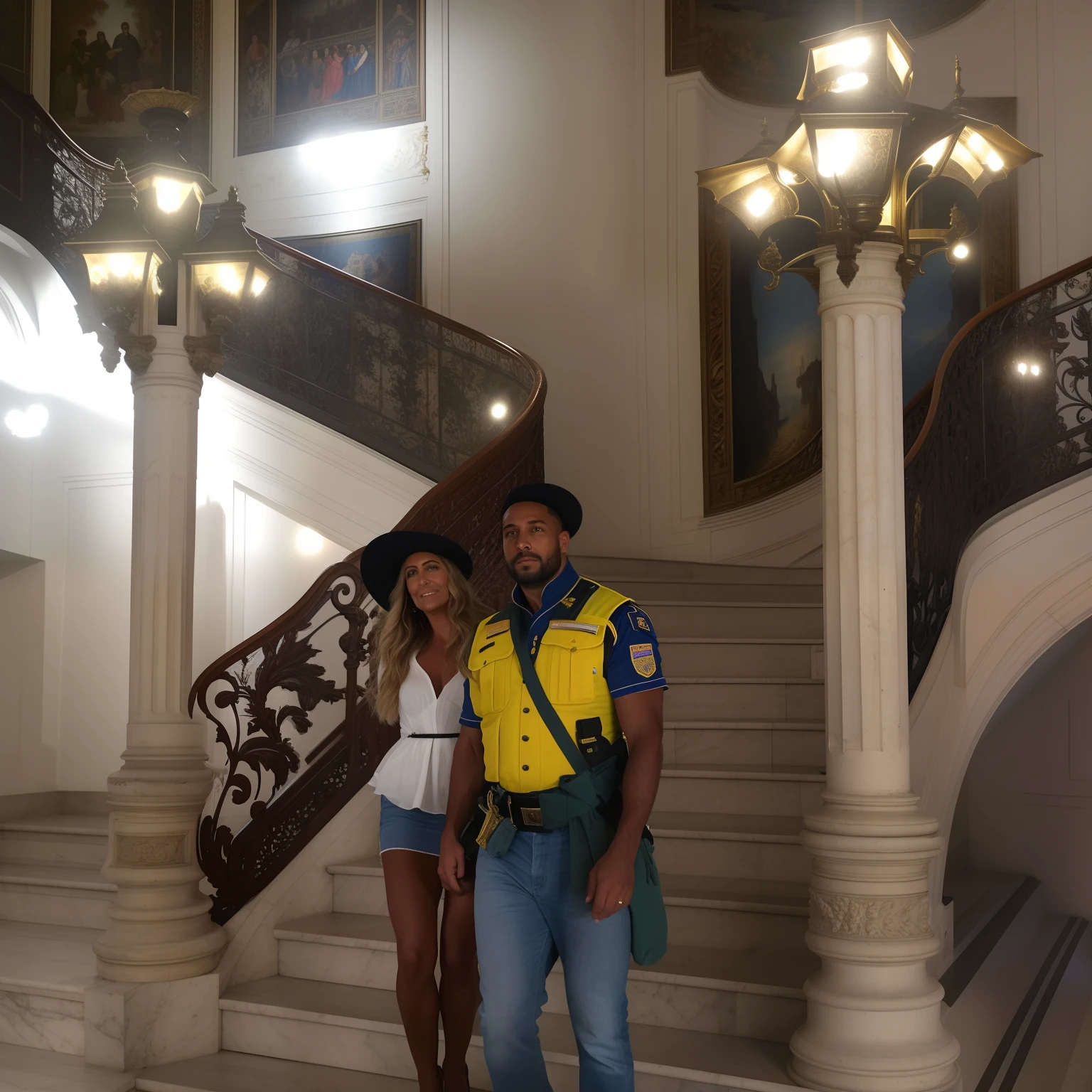 There's a man and a woman in front of a staircase, sentado em uma grande escadaria, Feliz!!!, in his noble mansion, Demura e Alphonse Mucha, Walking down a marble staircase, master part!!!, lindo iluminado, master part!, master part!!!!, Grande Escadaria Ampla, Directed by: Benjamin Marra, em Paris, Foto cortesia Museu de Arte