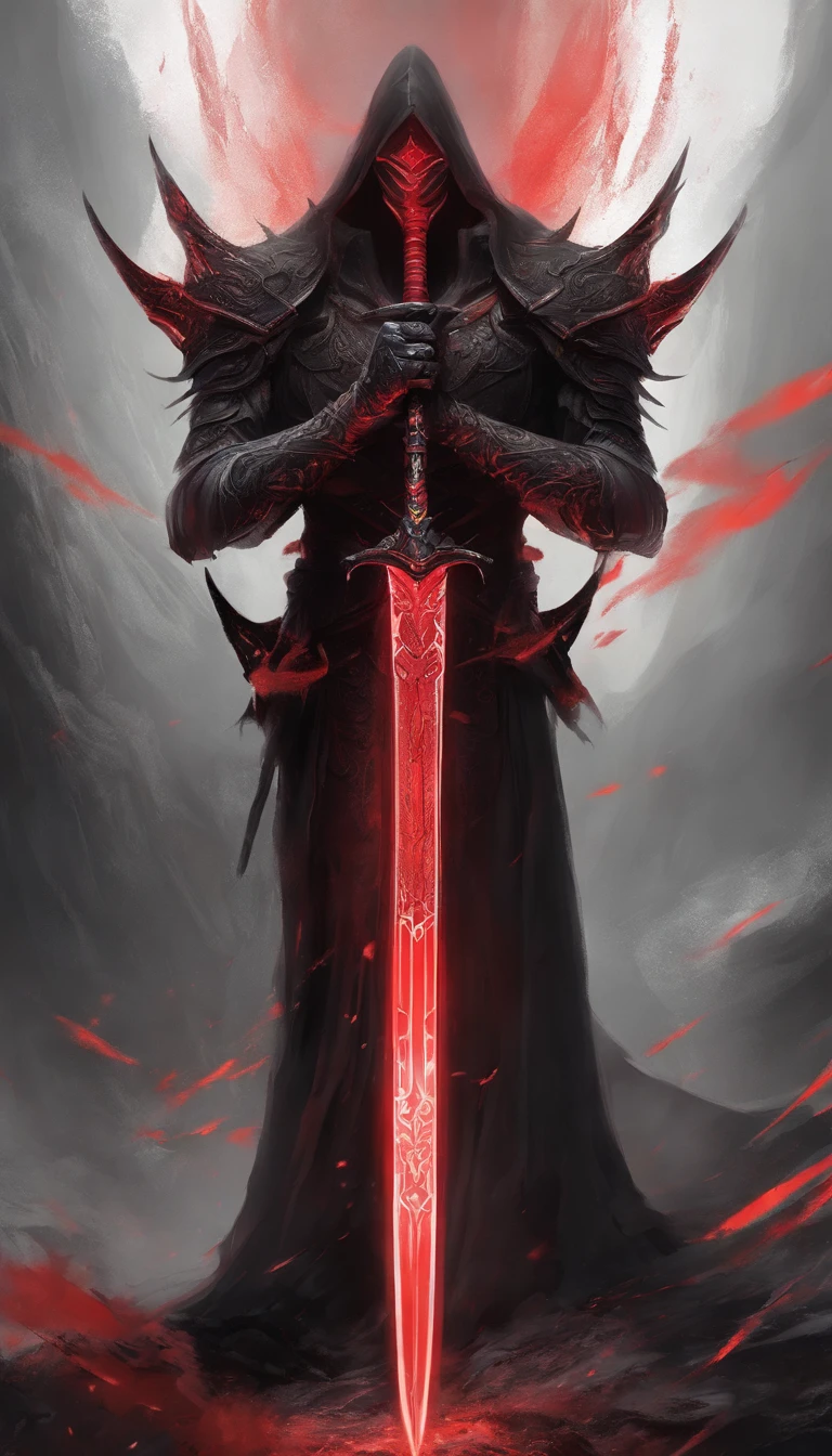 a big legendary black sword with Black light mixed with red,with black mist Black sword with broken red lines, background Hell