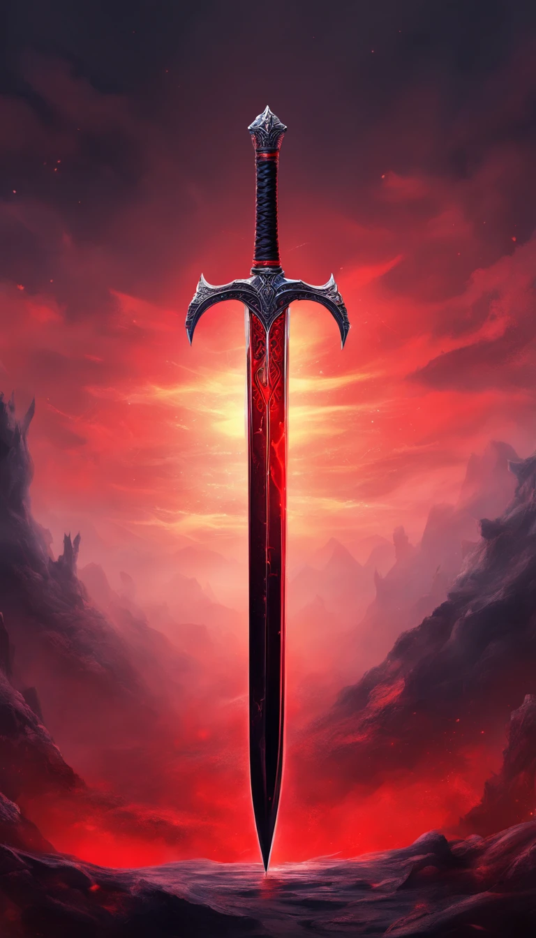 a big legendary black sword with Black light mixed with red,with black mist Black sword with broken red lines, background Hell