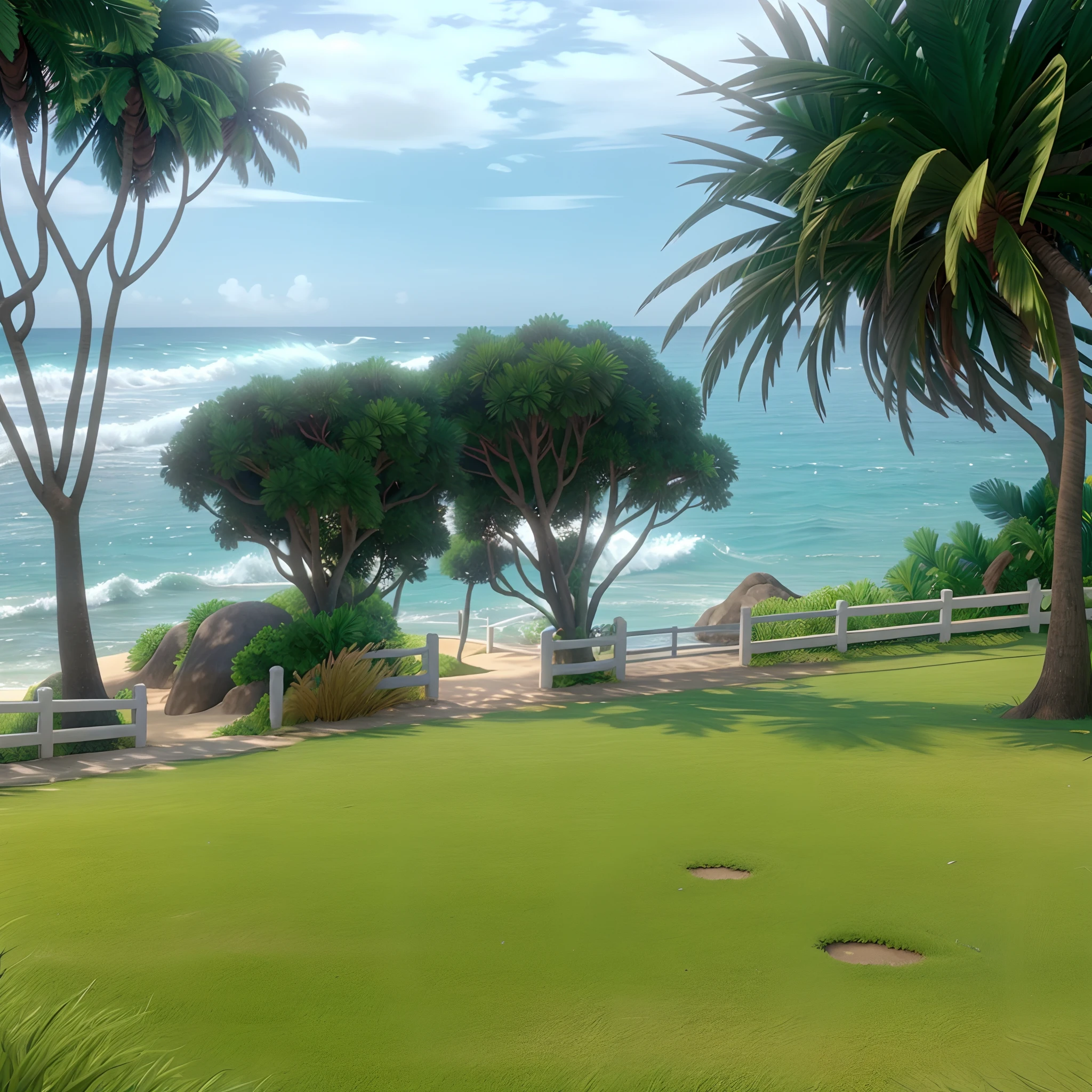 3d animation cartoon background of this scene, beautiful beach , there is a white fence made of concrete, lots of plants near the fence, the grass is bright green, The sea water is bright blue and the waves are beautiful, the sky is blue with lots of clouds