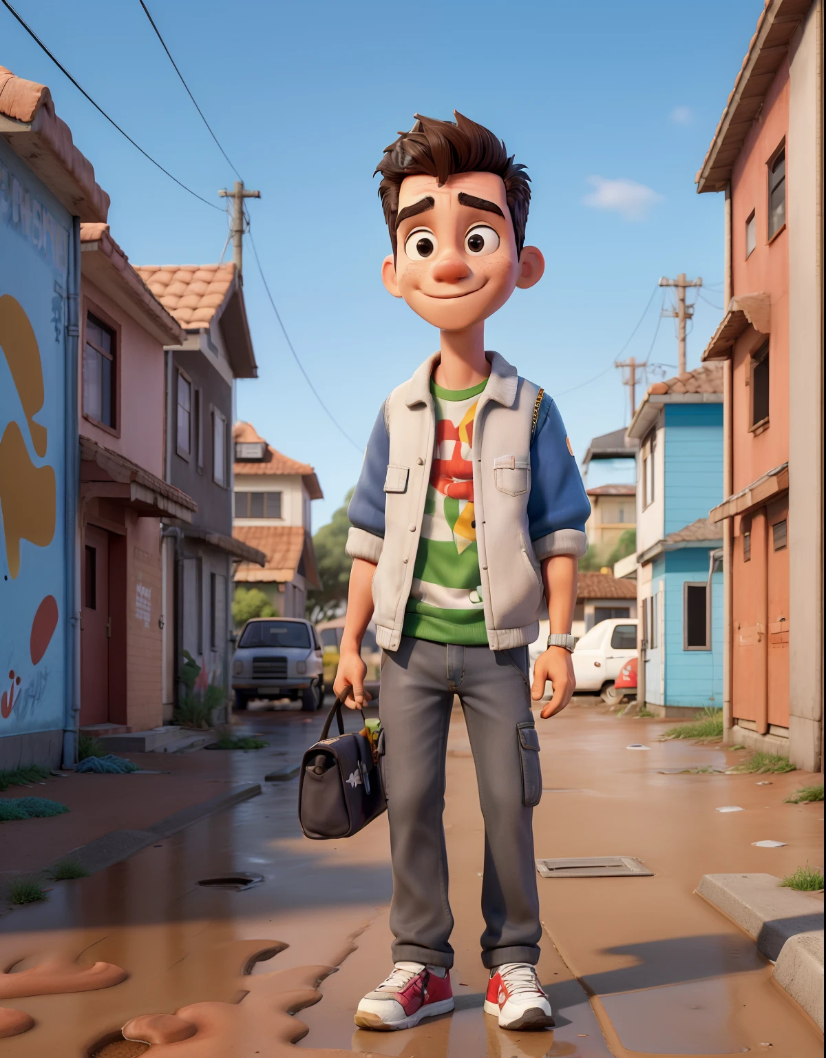 obra-prima, melhor qualidade, 1boy, Walking on the sidewalk, homem hip hop, loose pants, retro, suburbano, suburb, 1990, branco com cabelo cacheado curto com corte degrade, ao ar livre, Relaxed, puddles, dreno, rebelde, arrastado, ((graffiti)), ((lixo)), sujeira deitada, folhas, ((concreto quebrado)), cidade, symmetric eyes, Hands in pockets, nuvens, nublado, rosto detalhado,
