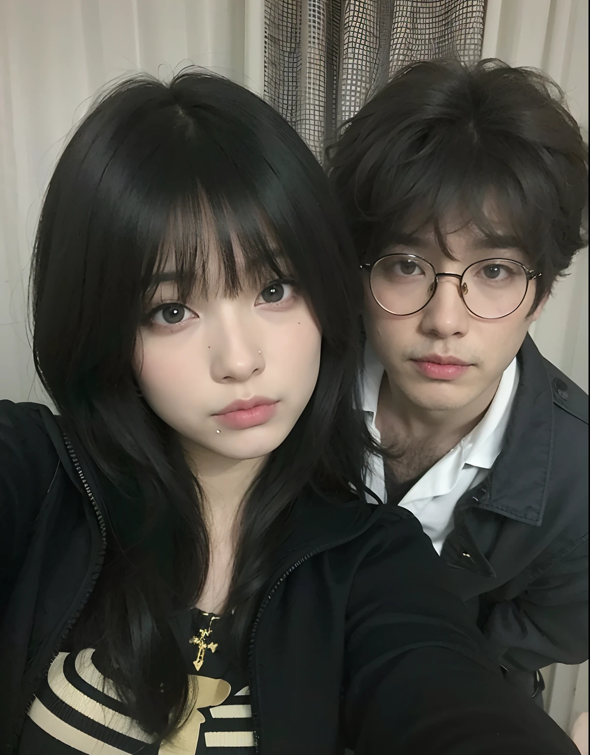 there is a man and woman taking a selfie together, Ayami Kojima y Yoshitaka Amano, flequillo esponjoso, ulzzang, Pixivs y Junji Ito, con flequillo, Ayami Kojima y Greg Rutkowski, por Ayami Kojima, Ella tiene el pelo negro con flequillo, Sakimichan y Frank Franzzeta, El Corte Hime