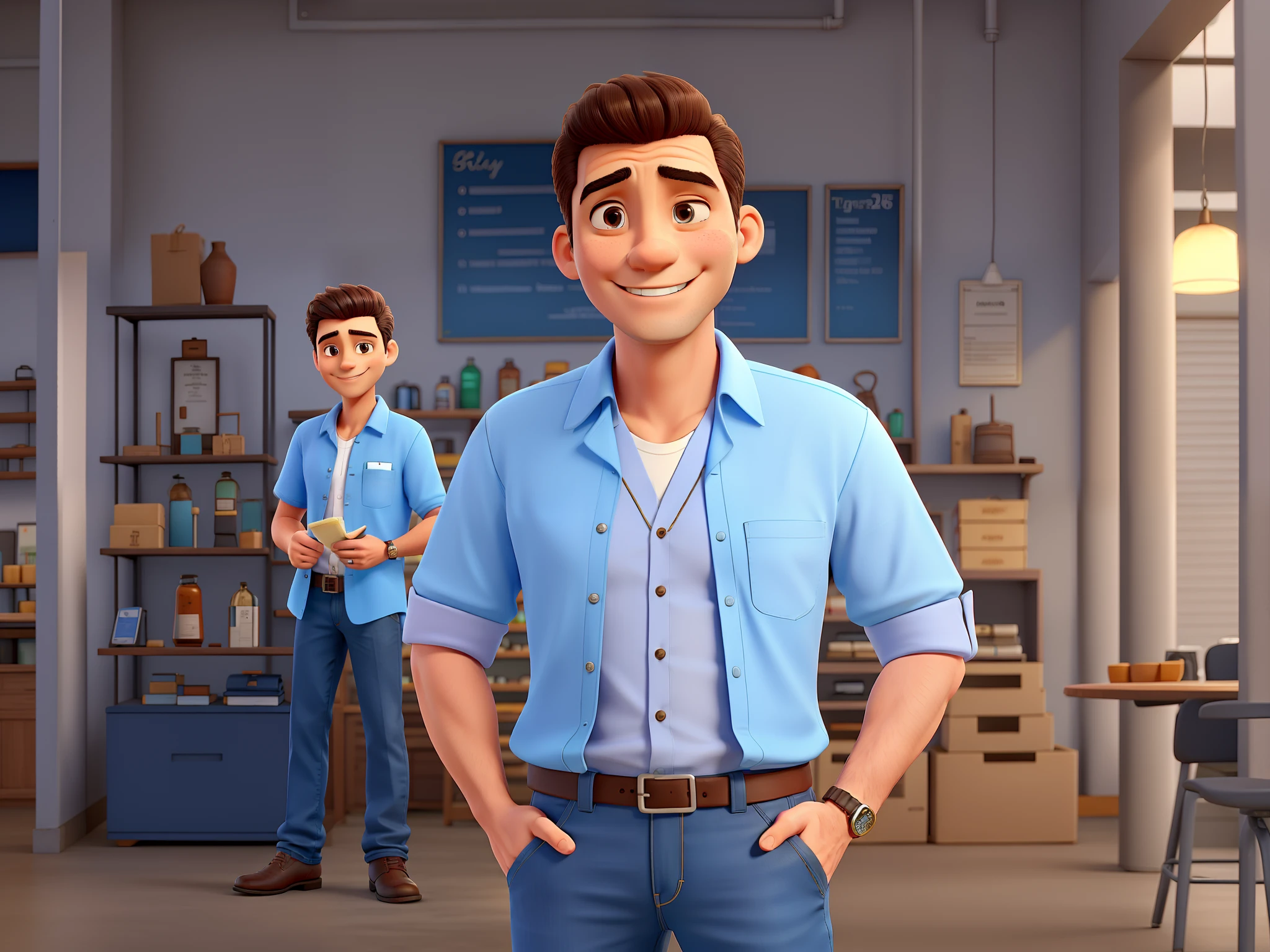 A wise gentleman standing in front of a distributor, With my hands in my pockets and smiling, He is wearing a light blue dress shirt and jeans. Este senhor tem uma papada grande.