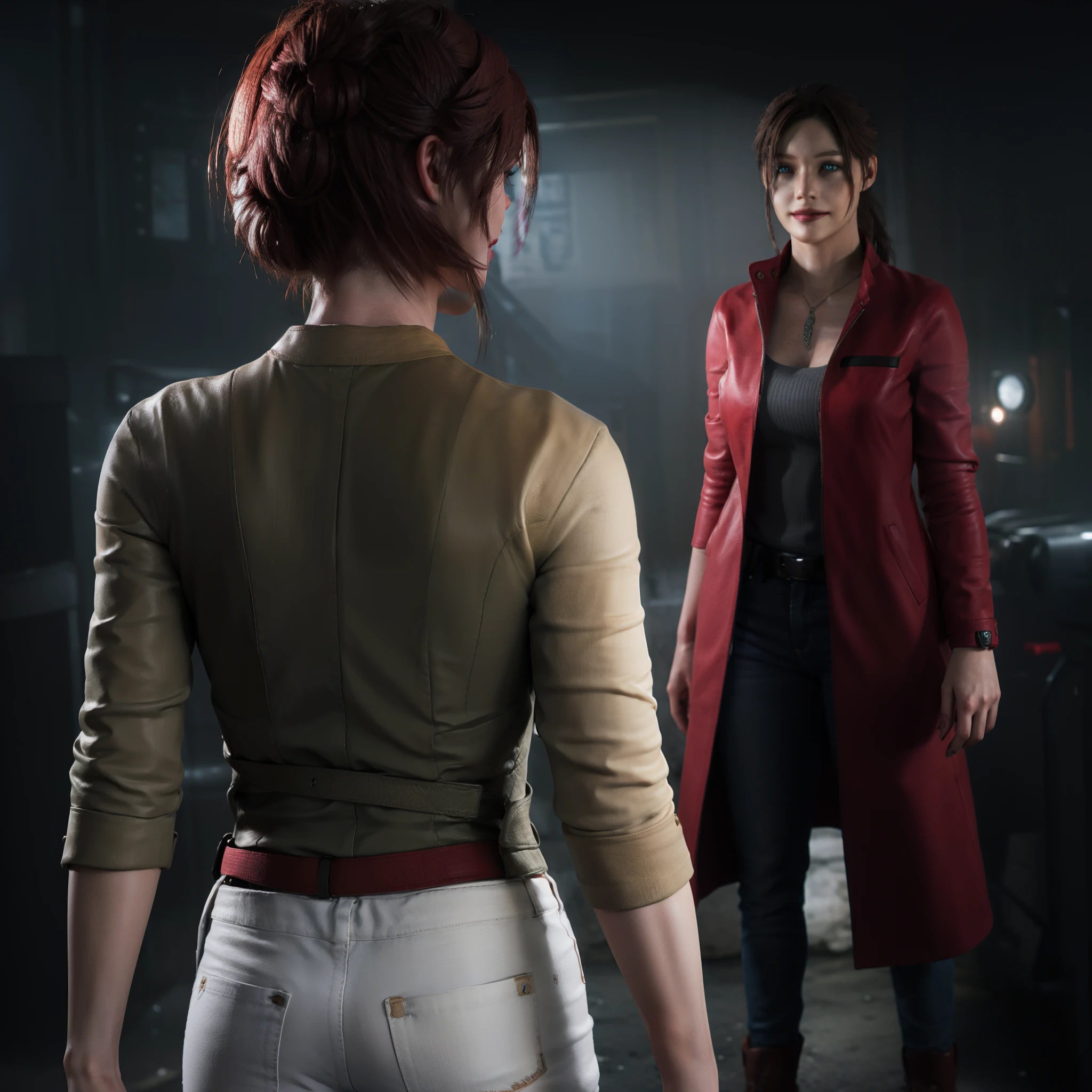 Best quality, ((Claire redfield from resident evil)), woman 40 years old, long red hair, black jeans, beautiful face, red long coat,little smile expression