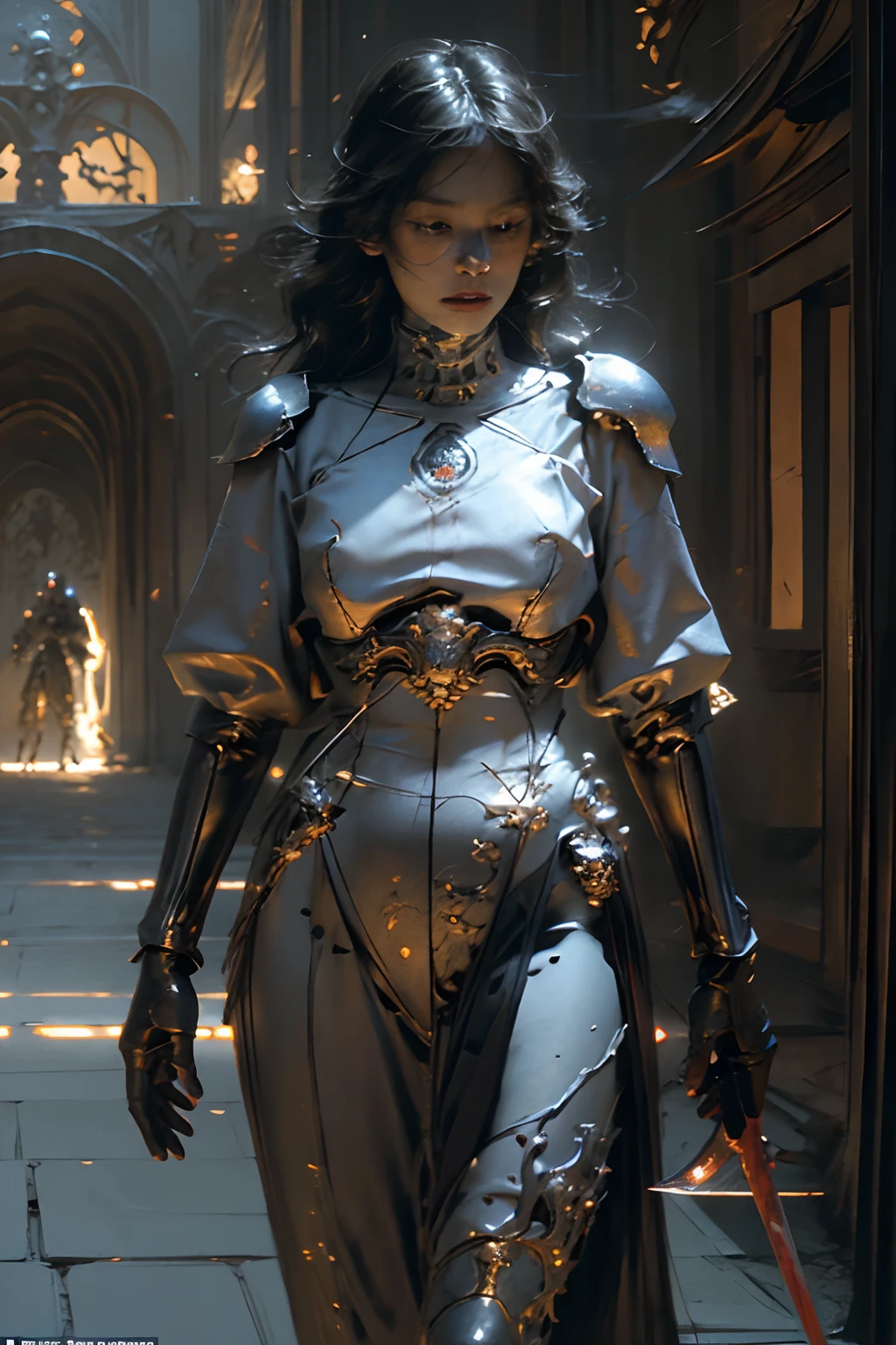 NSFW , Real estate photography style, (digital artwork by Beksinski) a sexy female knight the most beautiful girl in the world, in skeletal armour plate ,walking across the battlefield, stepping over fallen comrades, barely drags a heavy bloody sword behind him, Professional, inviting, well-lit, high-resolution, property-focused, commercial, highly detailed