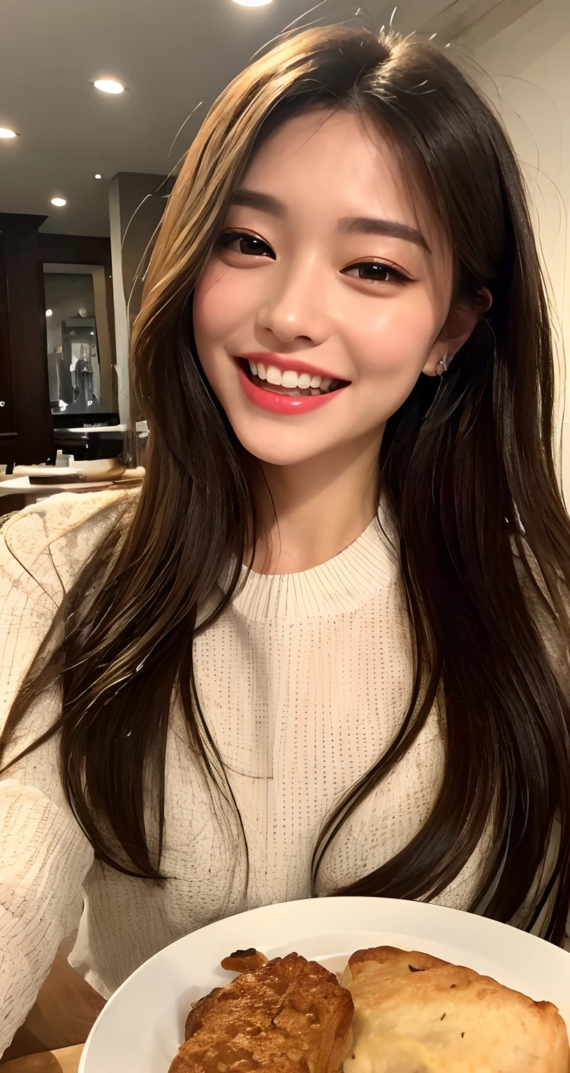 Full body,A hyper-realistic、((top-quality、8K、Exactly the same face as in the photo、masterpiece:1.3))、Detailed hand、Detailed mouth、A detailed face、perfect hand、thick thight、full body Esbian、Slim Faces、Pretty women、(brown haired、Beautiful hair)、full-shot、(Exactly the same face as in the photo:1.2)、(perfect teeth、)burst into laughter、Fine French Restaurant:1.1、hyperdetailed face、A detailed eye、二重まぶた、French cuisine、sitting in the chair、French cuisine on the table、