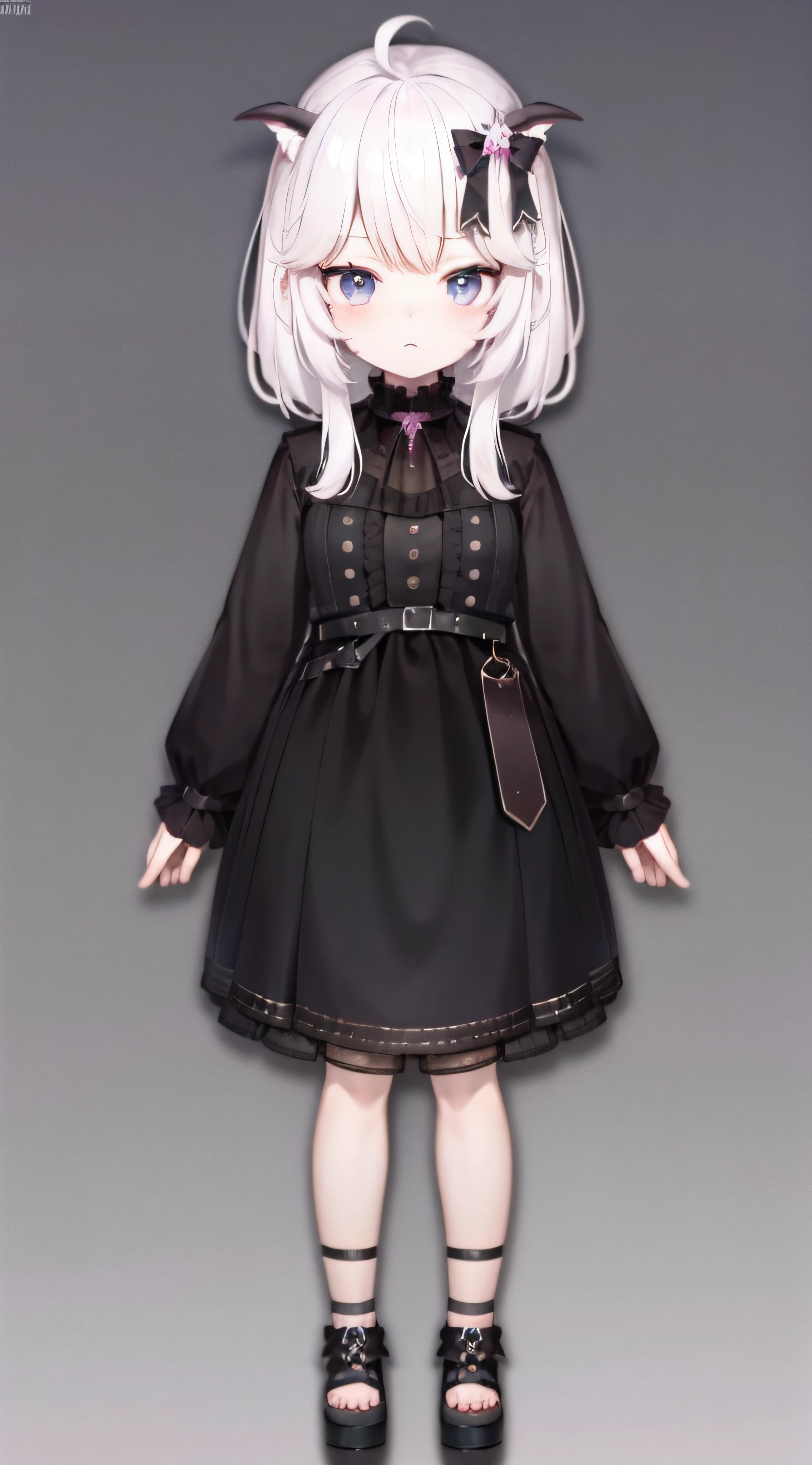 ****, demon, short, white hair, looking at viewer, no expression, full body, black skirt, hidden hands, demon tail