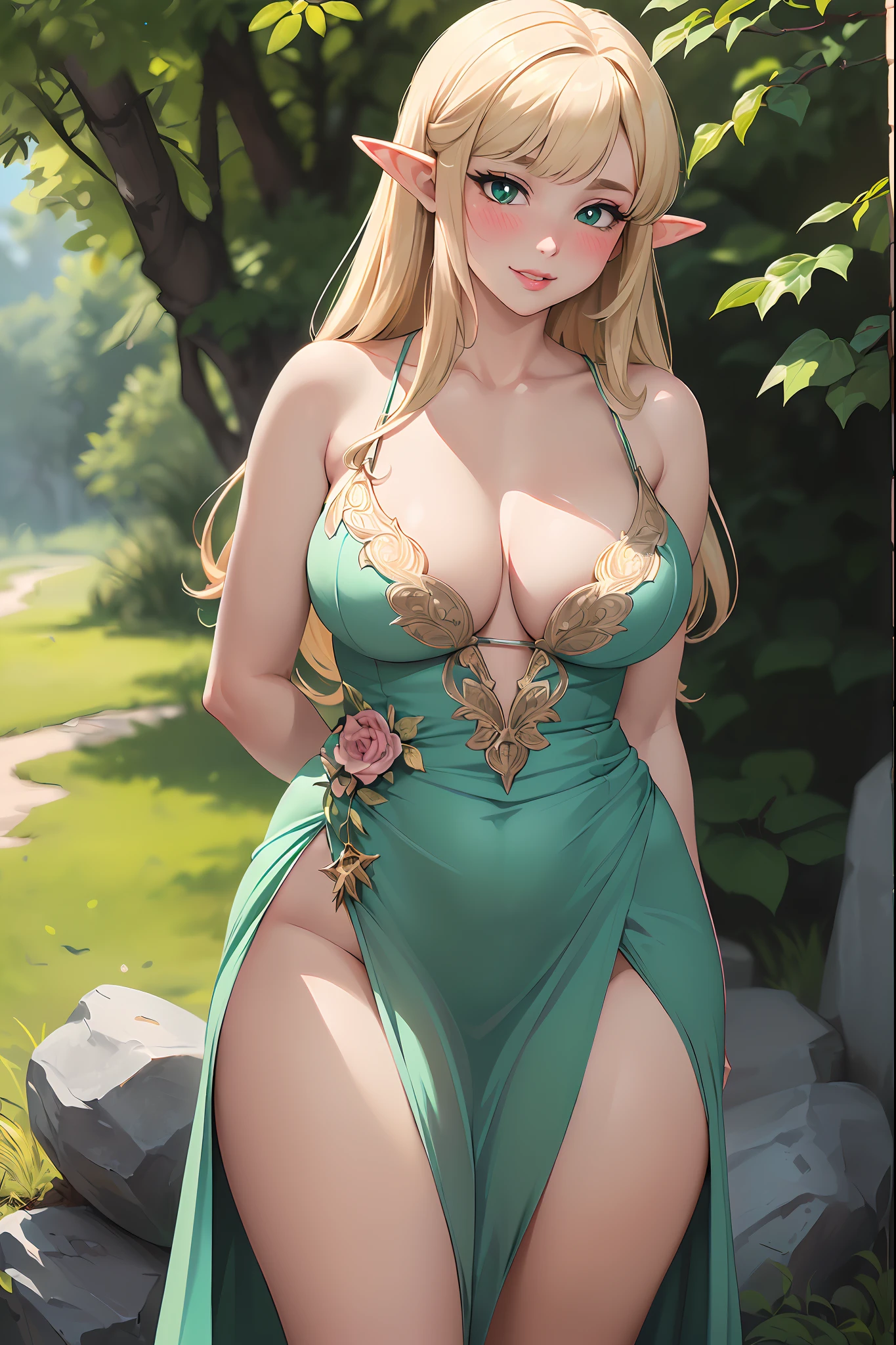 (Best quality,Unbeatable masterpiece:1.4),Ultra-detailed CG 4K,(Ultra-Detailed Clear Absurdly-Vivid Mint Big Eyes:1.2),Gorgeous Round Detailed Face(voluptuous:1.4)elf(Voluminous Long Blonde Hair: 1.4),Adult(bangs, side locks:1.2)Seductive(Intricately beautiful dresses:1.3)(Zelda)(celestine lucullus: 1.2)(Solo:1.4)(1girll: 0.5)(facingviewer:1.2)(arms back behind:1.2)(Cowboy shot:1.2)(From above:1.1),skin indentation(Curvaceous:1.4)(Curvy:1.4)(Bimbo: 1.4)(normal waist: 1.2)(Thick lips: 1.3)small-nose(Light smile: 1.2)Rocks,Green trees, A plant,Bush, (Shy blush:1.4) Dynamic pose