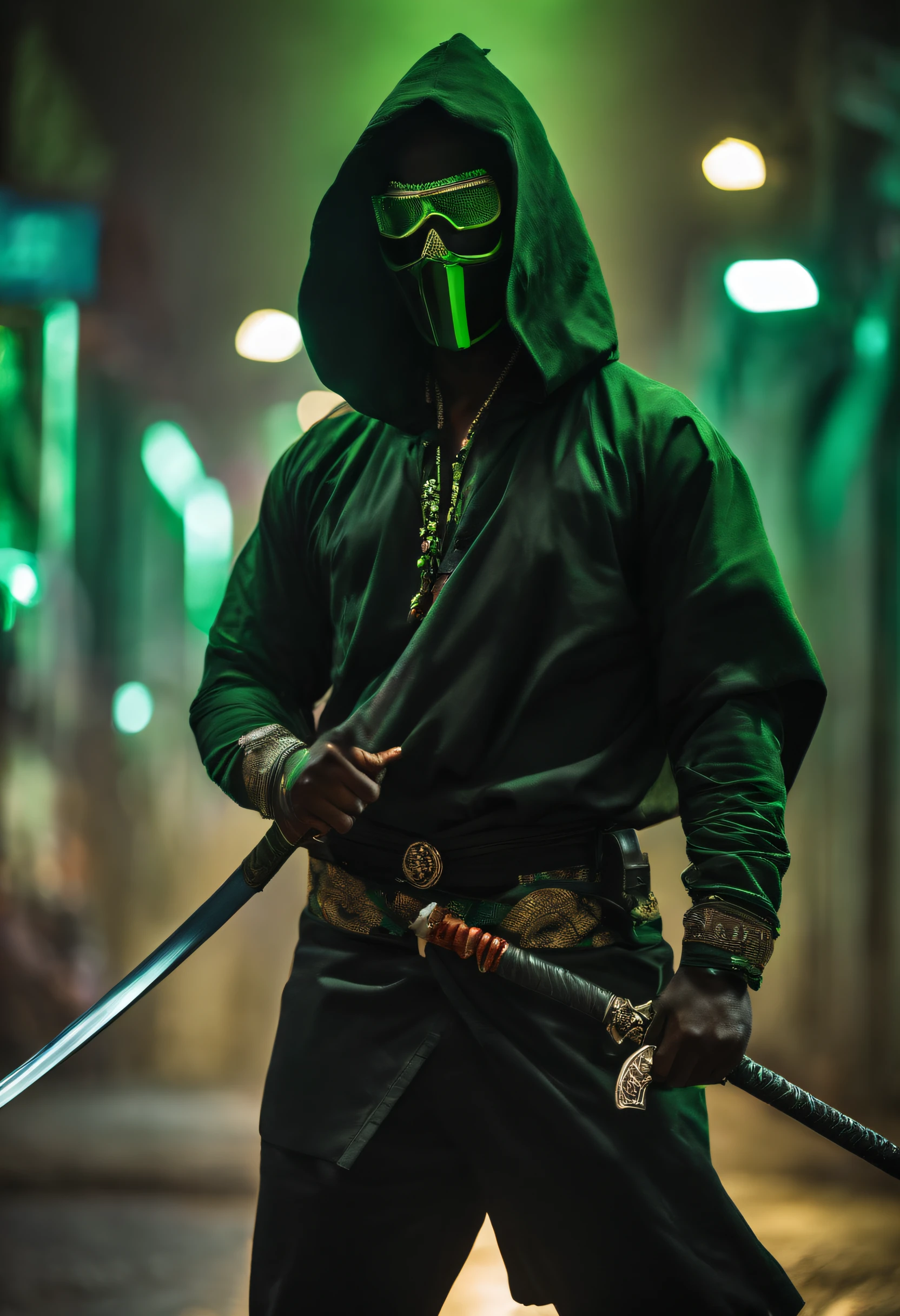 African personagen in black and green kimono mask and hood with a cyberpunk style katana at the waist