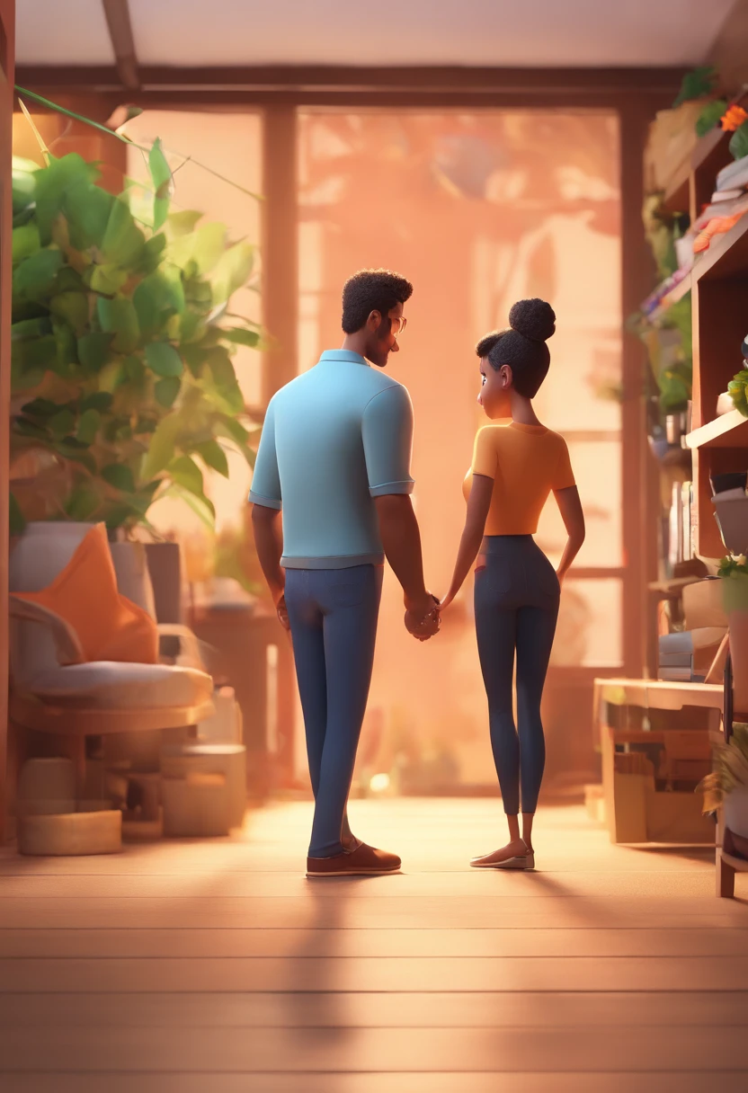 An illustration of an adorable couple, destacando um homem e uma mulher com bonito, Expressive eyes – the man's skin is black and the man's hair is bald and black, while the woman's skin is black and the woman's hair is curly and brown. They are a bright room, cada um com um sorriso no rosto, e compartilhar um momento especial caracterizado pelo amor, arroz, e insights educacionais. Illustrate this scene from a perspective where they are facing away from the camera, Showing Your Connection. Desenvolva esta arte em Full HD, Focus on your cinematic touch, Estilo Disney Pixar Animations