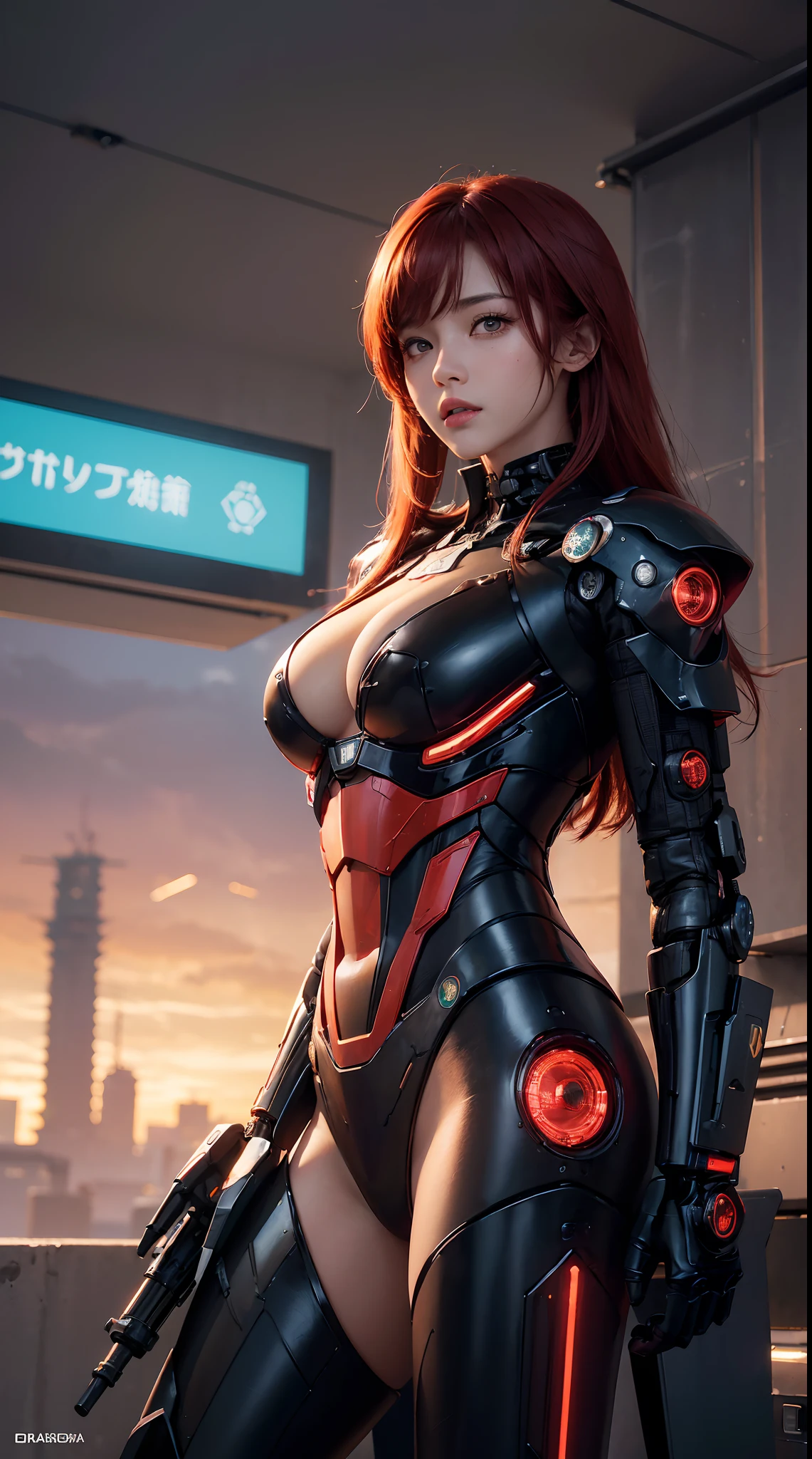 ((Obra maestra, La mejor calidad)), illustration, 8K ultra detallado, realista, Enfoque claro, Altamente detallado, Pro Lighting, Detalles coloridos, Rainbow Color BREAK, Factory Long Rise, large mechanical robot structure, microchip, ordenador, ((resplandecer)), Detalles intrincados, shitu-mecha, 1girl, mecha, Ombligo del vientre, Imagen en color, (cyberpunk), (crimson hair: 1.2) tetas grandes muy sexy