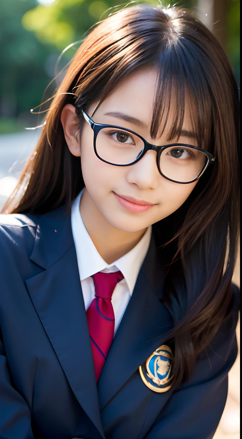 Best-Quality, Masterpiece, Ultra-High-Resolution, (Photorealistic:1.4), Raw-Photo, Hyper-Detailed, 1girl, Japanese famous idol, 14-years-old, wearing black squared Glasses, wearing Japanese high school uniform, cowboy shot, innocent smile, (extremely cute face like a the most popular Japanese idol, amazingly beautiful big black eyes, beautiful black hair, pretty beautiful lips, very beautiful medium breasts, perfect short body), detailed face, detailed eyes, detailed glasses, detailed hair, detailed lips, detailed Japanese high school uniform, detailed short body, detailed thighs