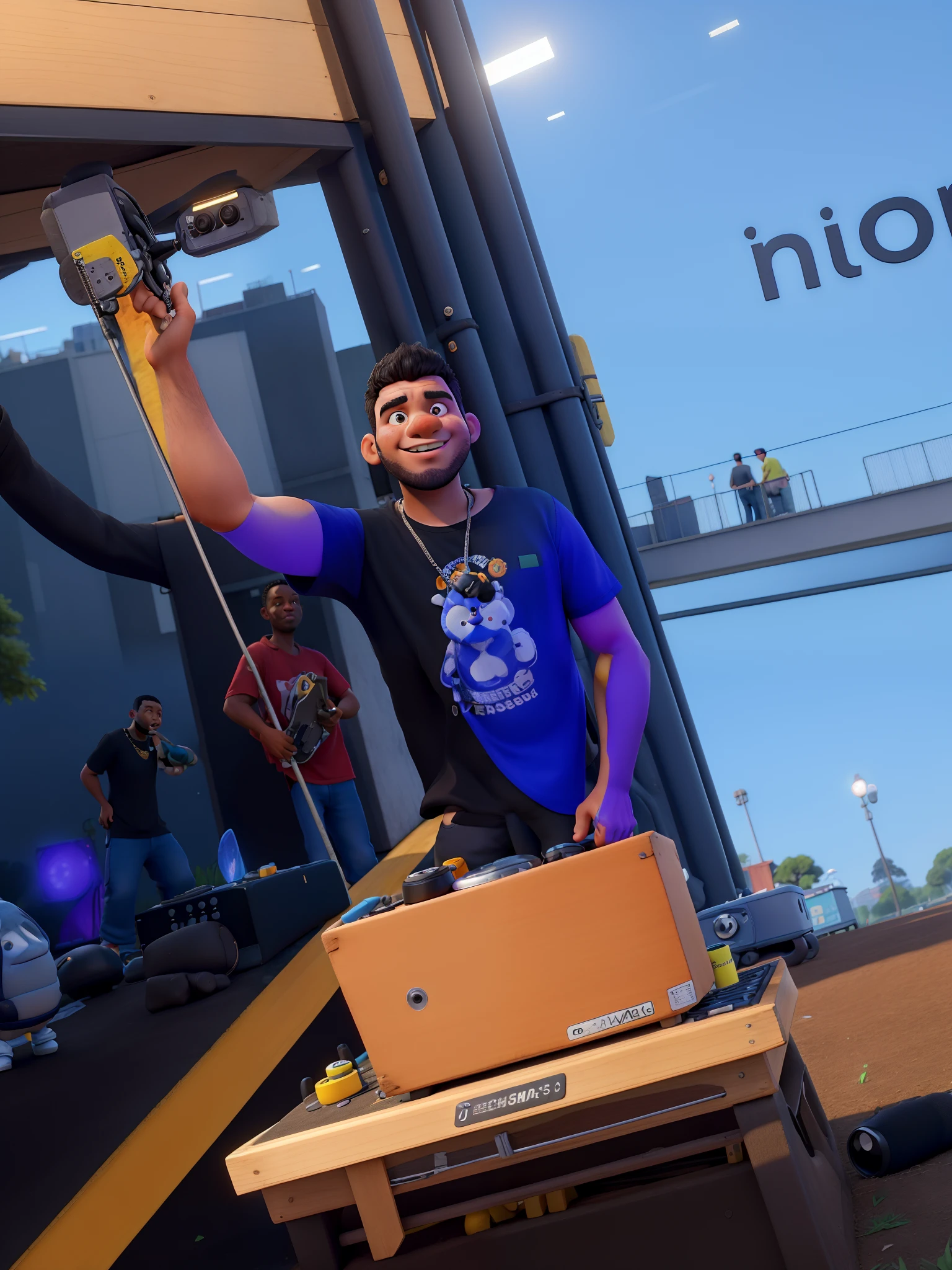 Obra-prima, de melhor qualidade, a DJ playing music, com uma camisa preta de ursinho, with black calsa and a pair of blue sneakers, Standing in the park with some speakers in the background.