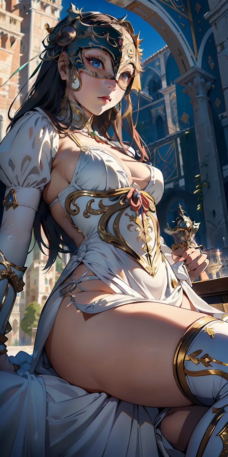 realisticlying、-yeld gi、(Emphasis on the thighs)、(Super close-up from below)Medieval Italy((Wearing the Venetian Mikloy((Masquerade))、Wearing a tight-fitting white dress、Ancient castles in Italy、sexy  pose