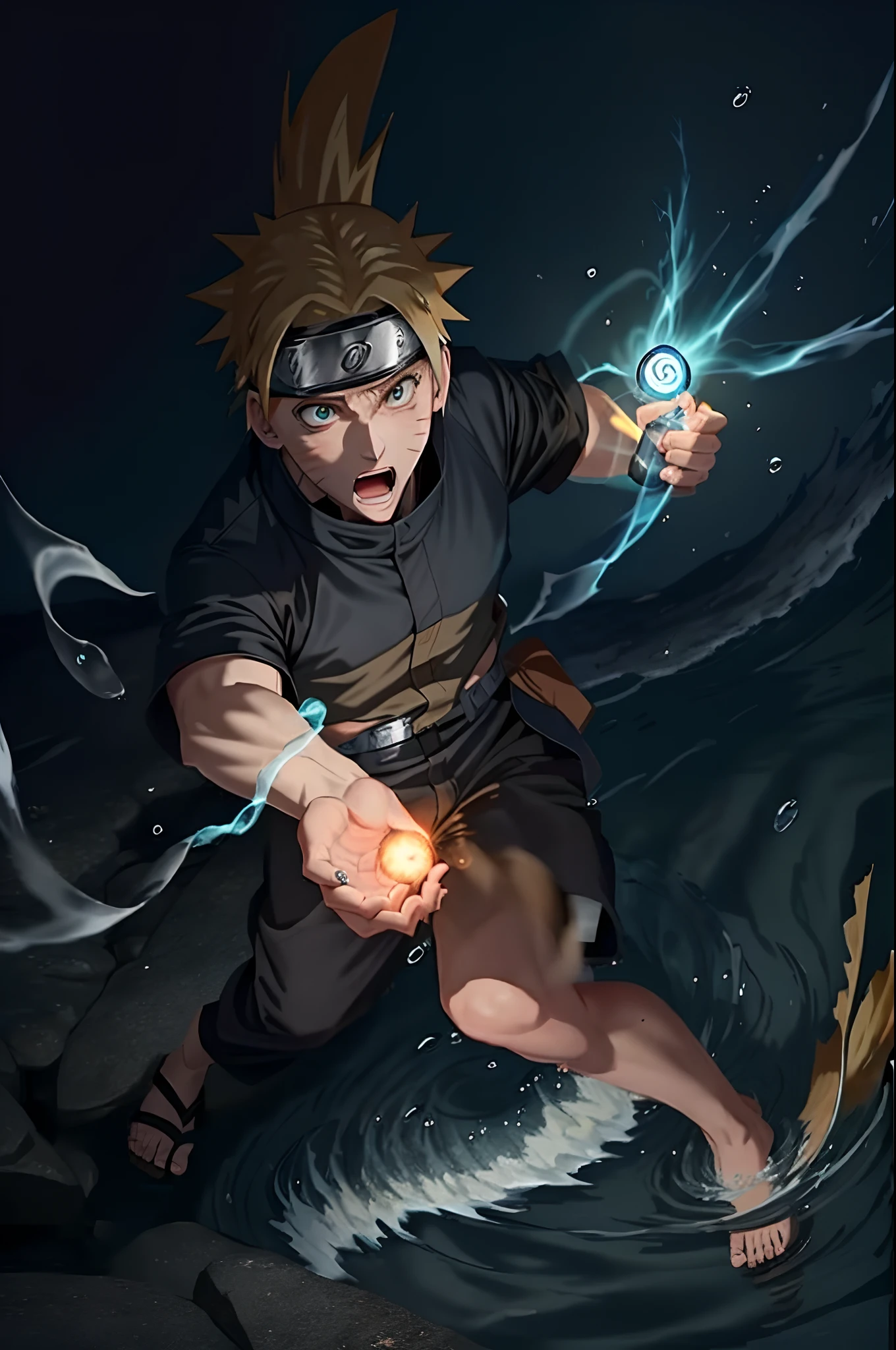Naruto soltando Rasengan em um peixe