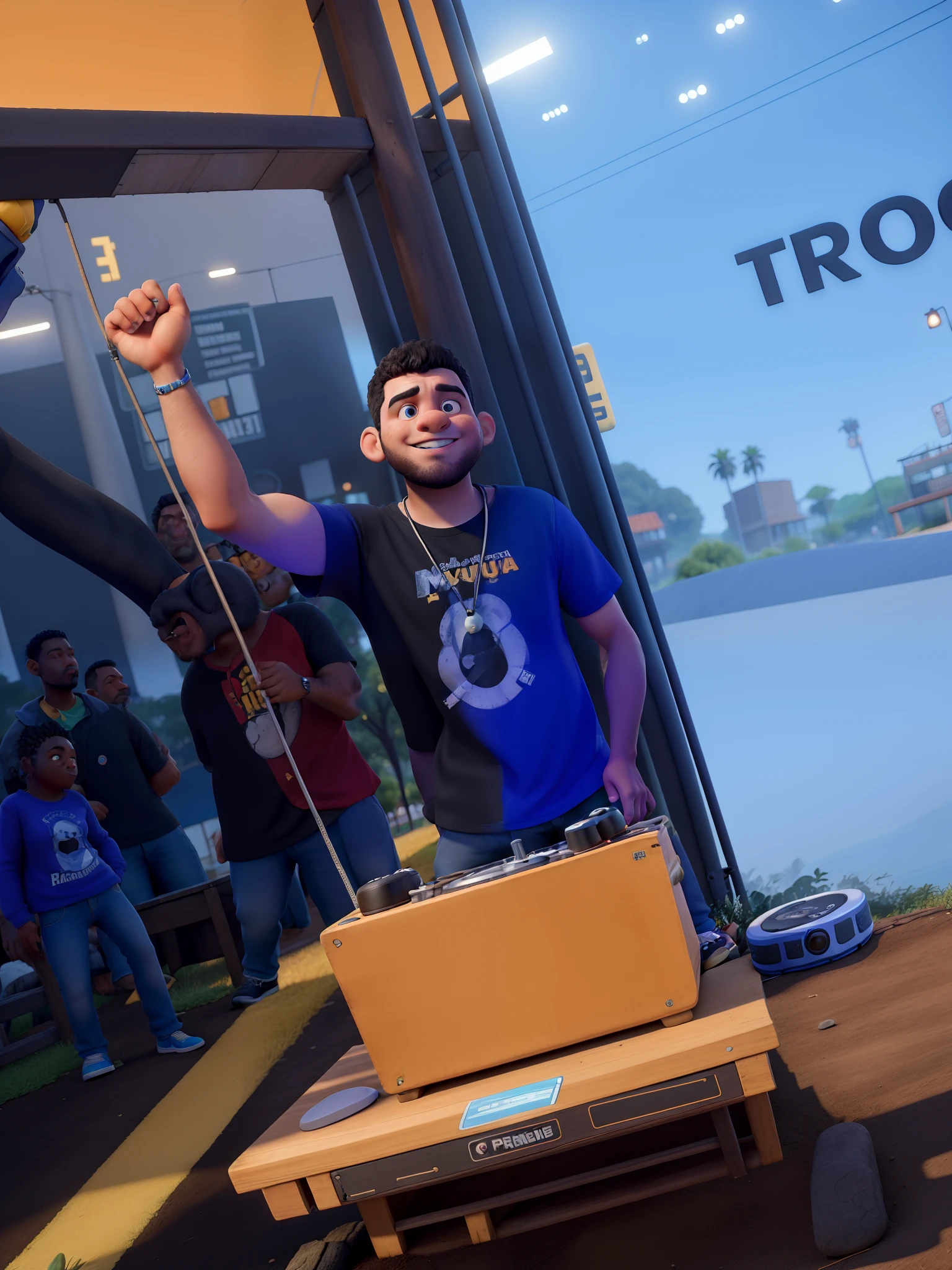 Obra-prima, de melhor qualidade, a DJ playing music, com uma camisa preta de ursinho, with black calsa and a pair of blue sneakers, Standing in the park with some speakers in the background.