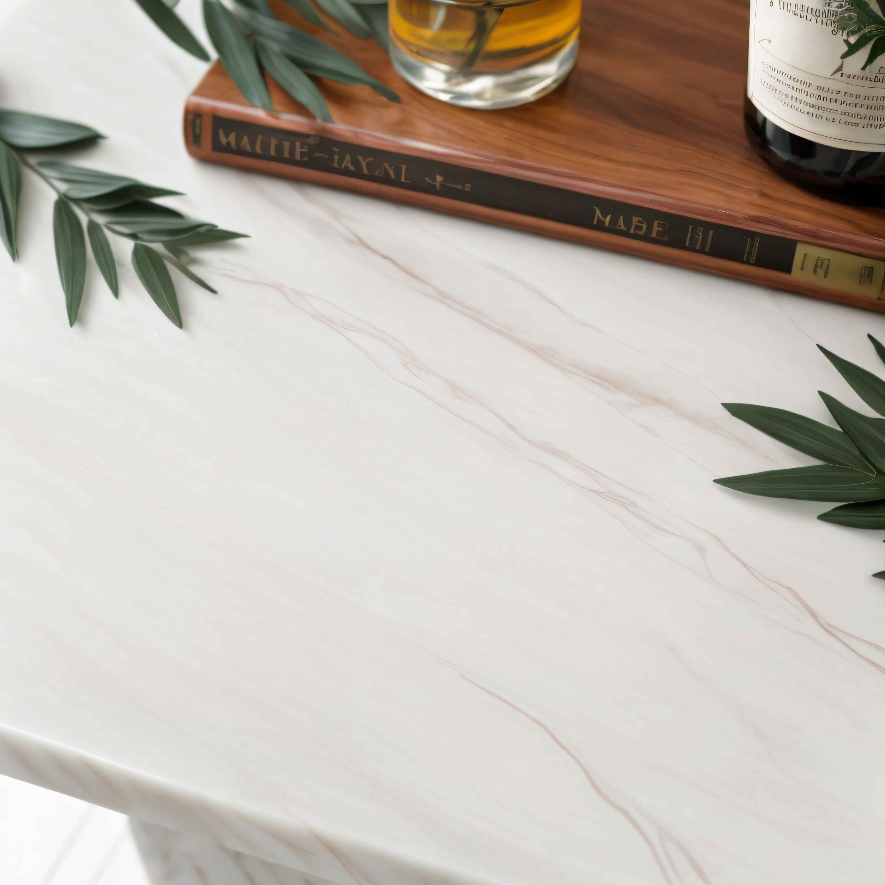 There was a bottle of aromatherapy and a book on the table, smooth marble surfaces, product introduction photos, marble countertops, Wood and glass, imagem de qualidade alta, Wood and books, on a white table, Made of marble,There are some foliage decorations on the sides,marbled, Medium Shot Shot
