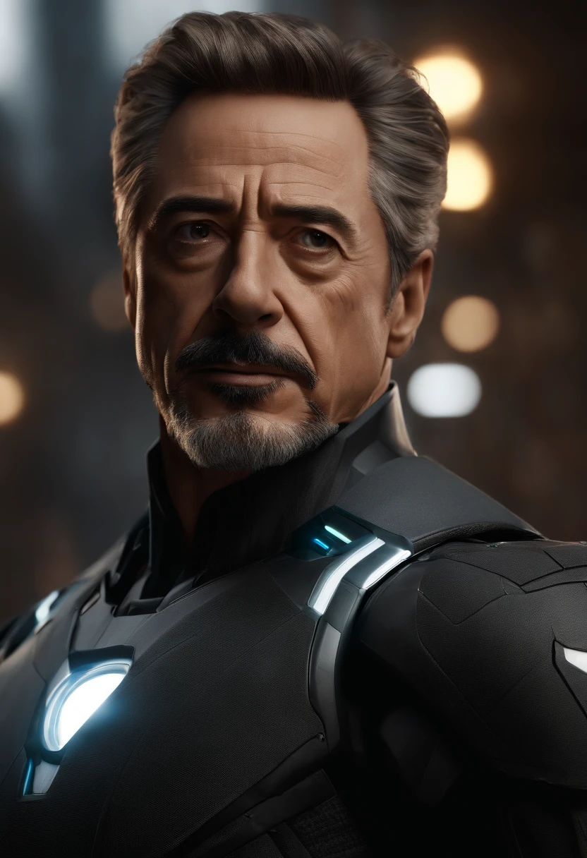 Marvel, Old man Tony Stark, realistically, dynamic lights, old, gray stubble, full shoot, (extremely detailed CG unity 8k wallpaper), trending on ArtStation, trending on CGSociety, High Detail, Sharp focus, dramatic, photorealistic