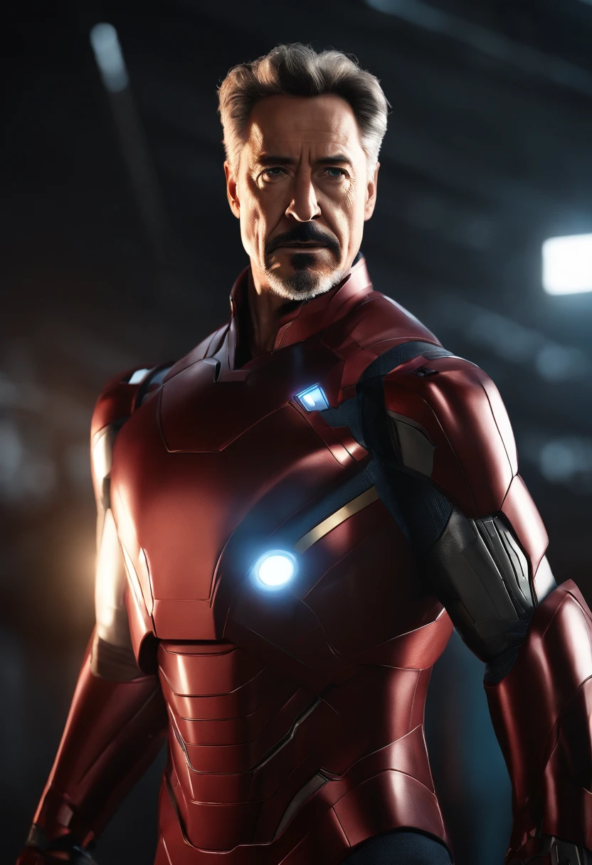 Marvel, Old man Tony Stark, realistically, dynamic lights, old, gray stubble, full shoot, (extremely detailed CG unity 8k wallpaper), trending on ArtStation, trending on CGSociety, High Detail, Sharp focus, dramatic, photorealistic
